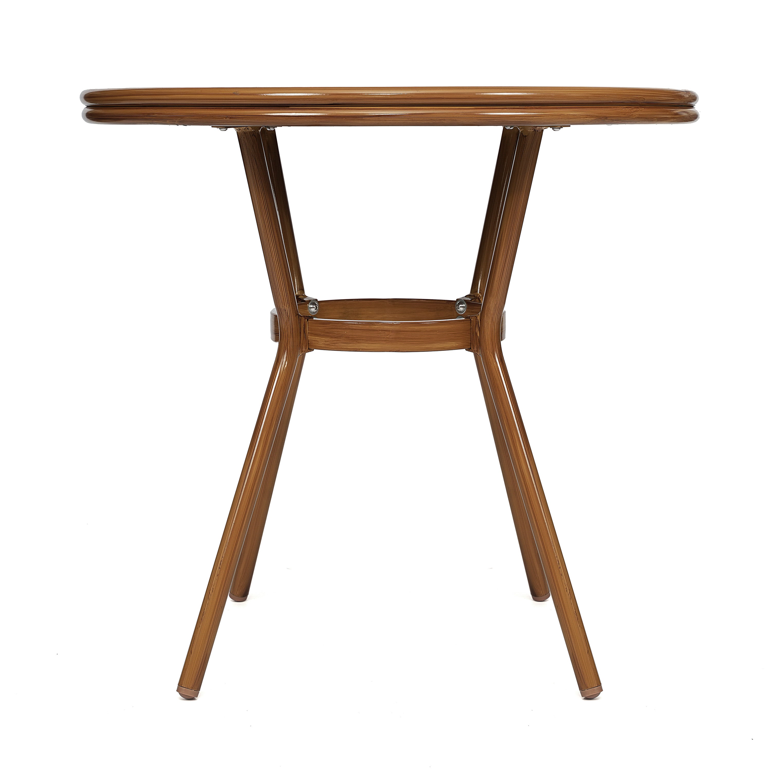 Lourdes Indoor/Outdoor Commercial Bistro 31.5" Table, Black and White PE Rattan, Glass Top, Bamboo Print Aluminum Frame in Natural