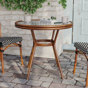 Lourdes Indoor/Outdoor Commercial Bistro 31.5" Table, Black and White PE Rattan, Glass Top, Bamboo Print Aluminum Frame in Natural