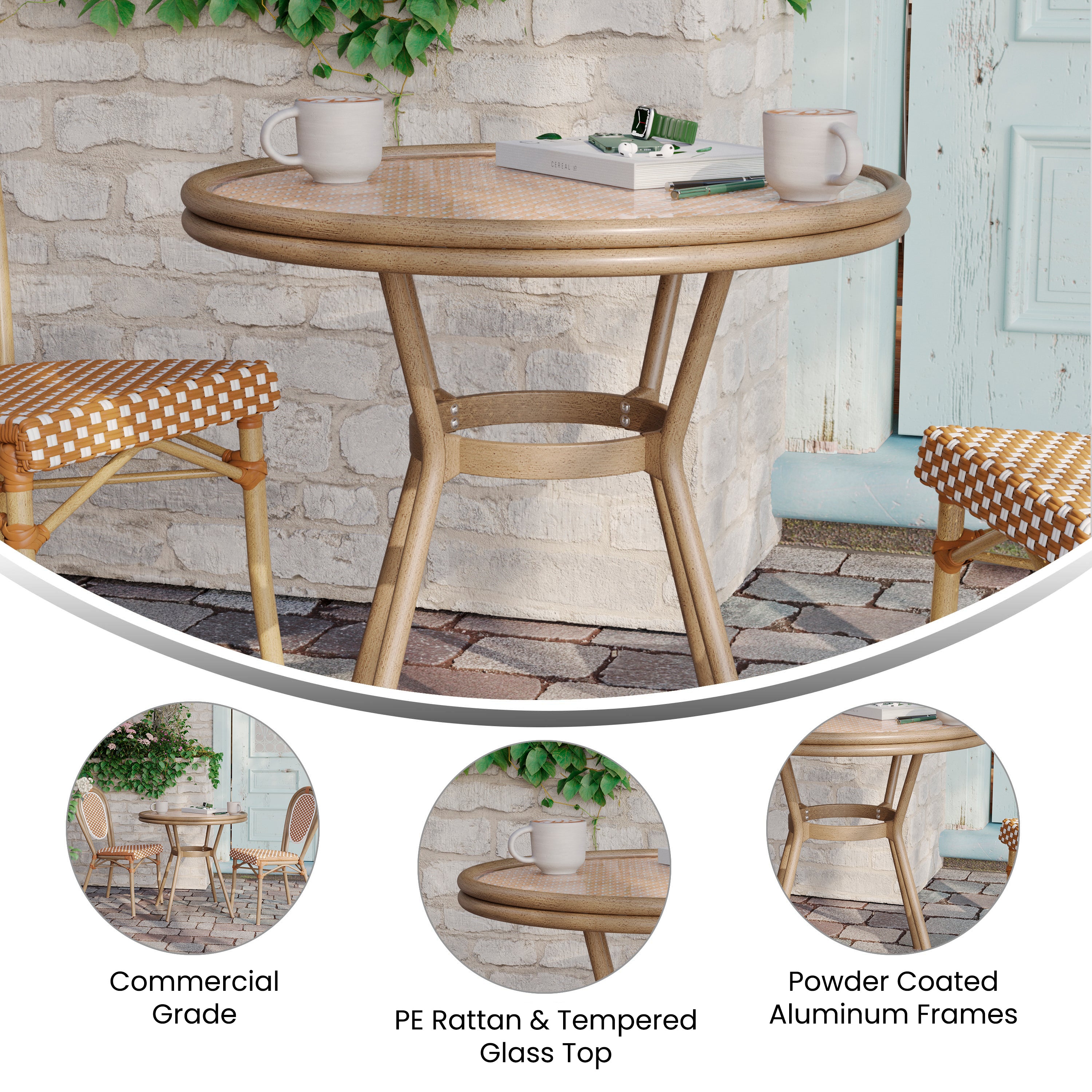 Lourdes Indoor/Outdoor Commercial Bistro 31.5" Table, Natural/White PE Rattan, Glass Top, Bamboo Print Aluminum Frame in Light Natural