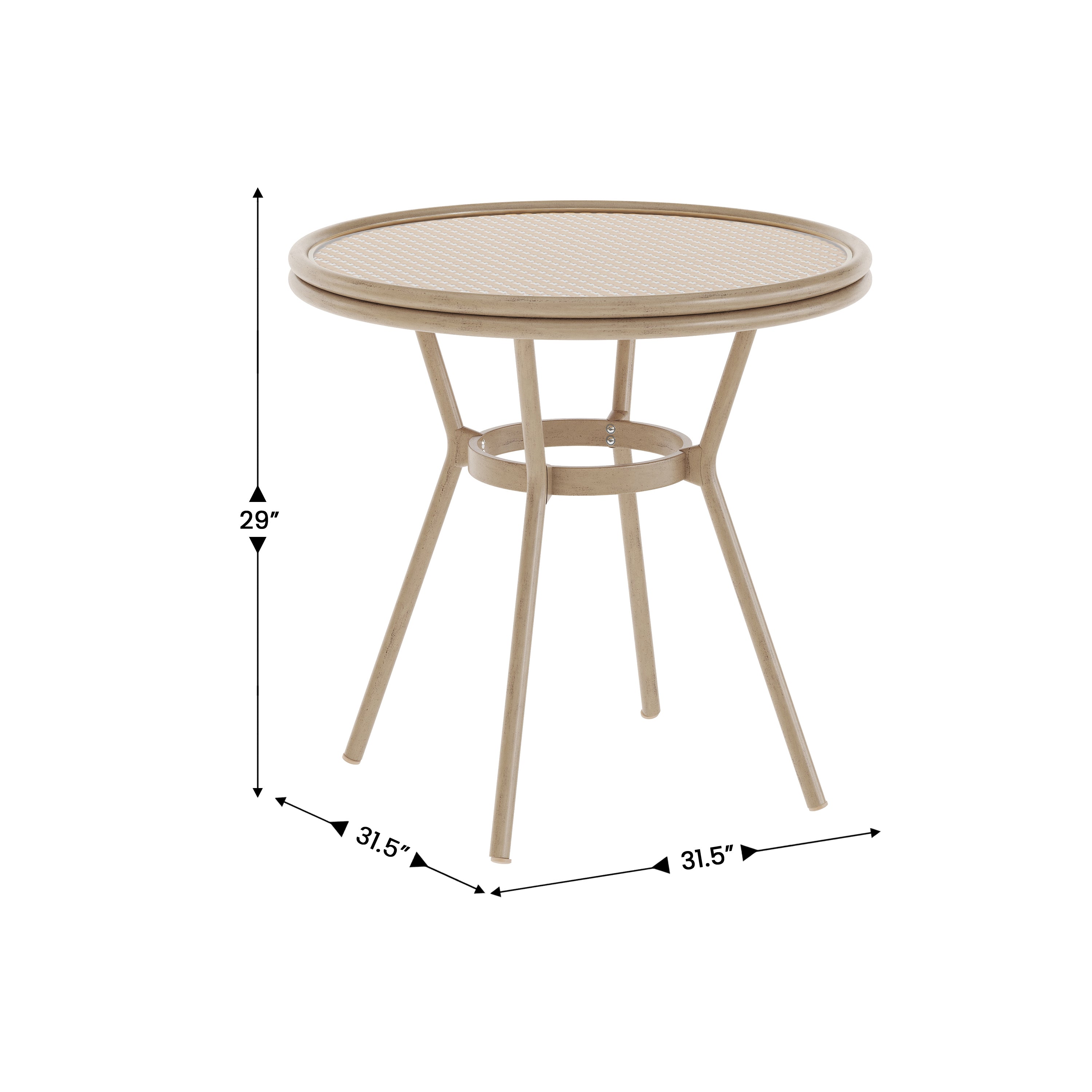 Lourdes Indoor/Outdoor Commercial Bistro 31.5" Table, Natural/White PE Rattan, Glass Top, Bamboo Print Aluminum Frame in Light Natural