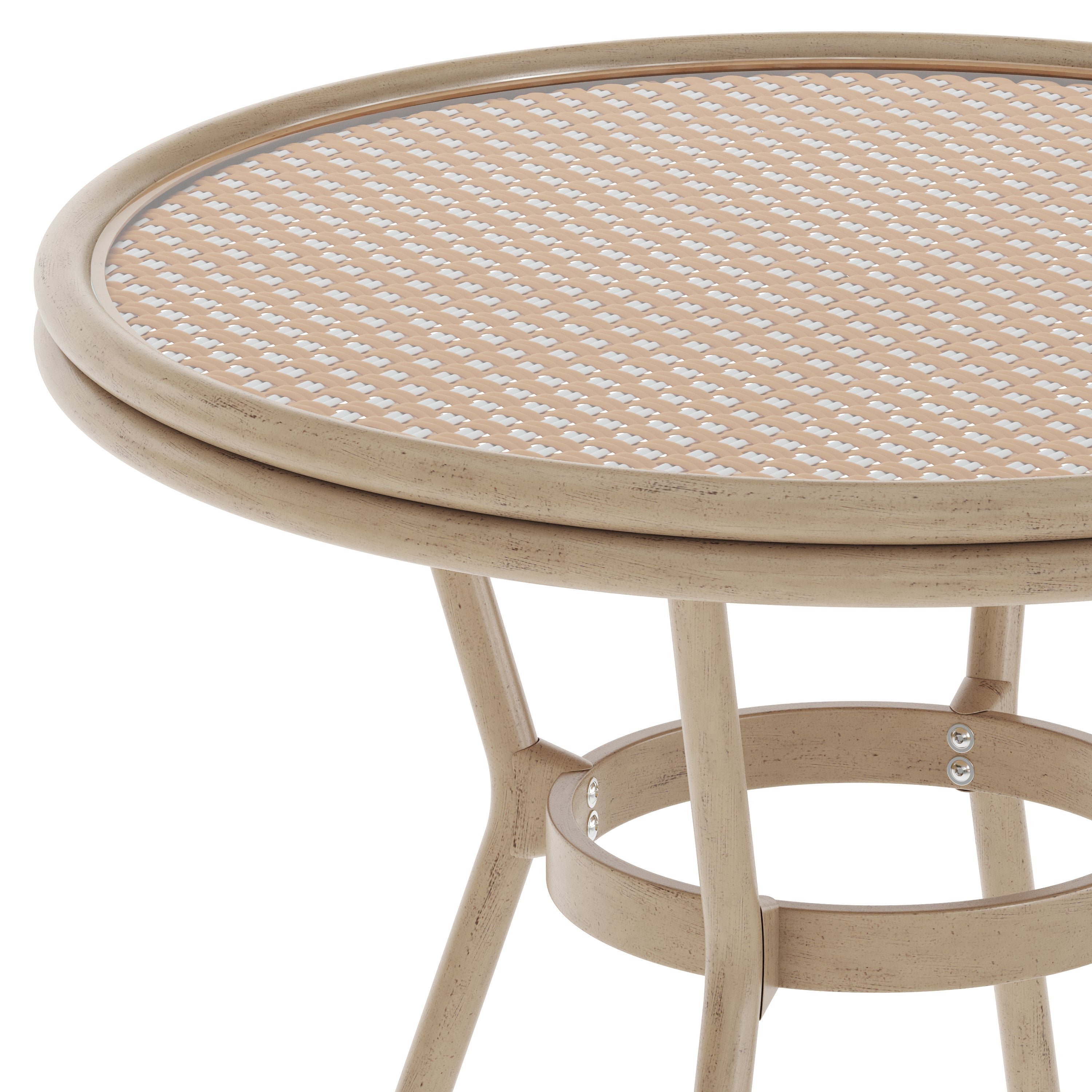 Lourdes Indoor/Outdoor Commercial Bistro 31.5" Table, Natural/White PE Rattan, Glass Top, Bamboo Print Aluminum Frame in Light Natural
