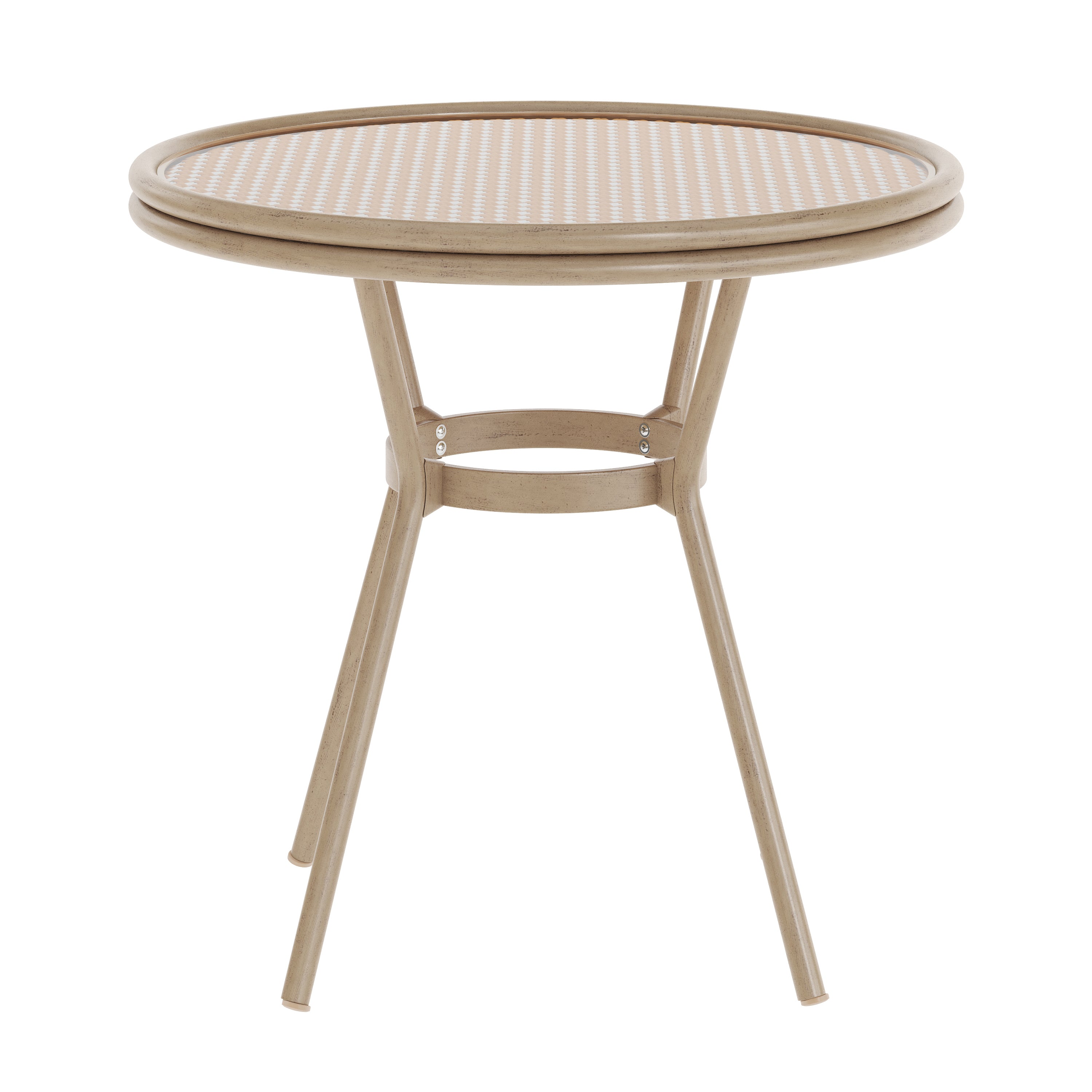 Lourdes Indoor/Outdoor Commercial Bistro 31.5" Table, Natural/White PE Rattan, Glass Top, Bamboo Print Aluminum Frame in Light Natural