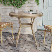 Lourdes Indoor/Outdoor Commercial Bistro 31.5" Table, Natural/White PE Rattan, Glass Top, Bamboo Print Aluminum Frame in Light Natural