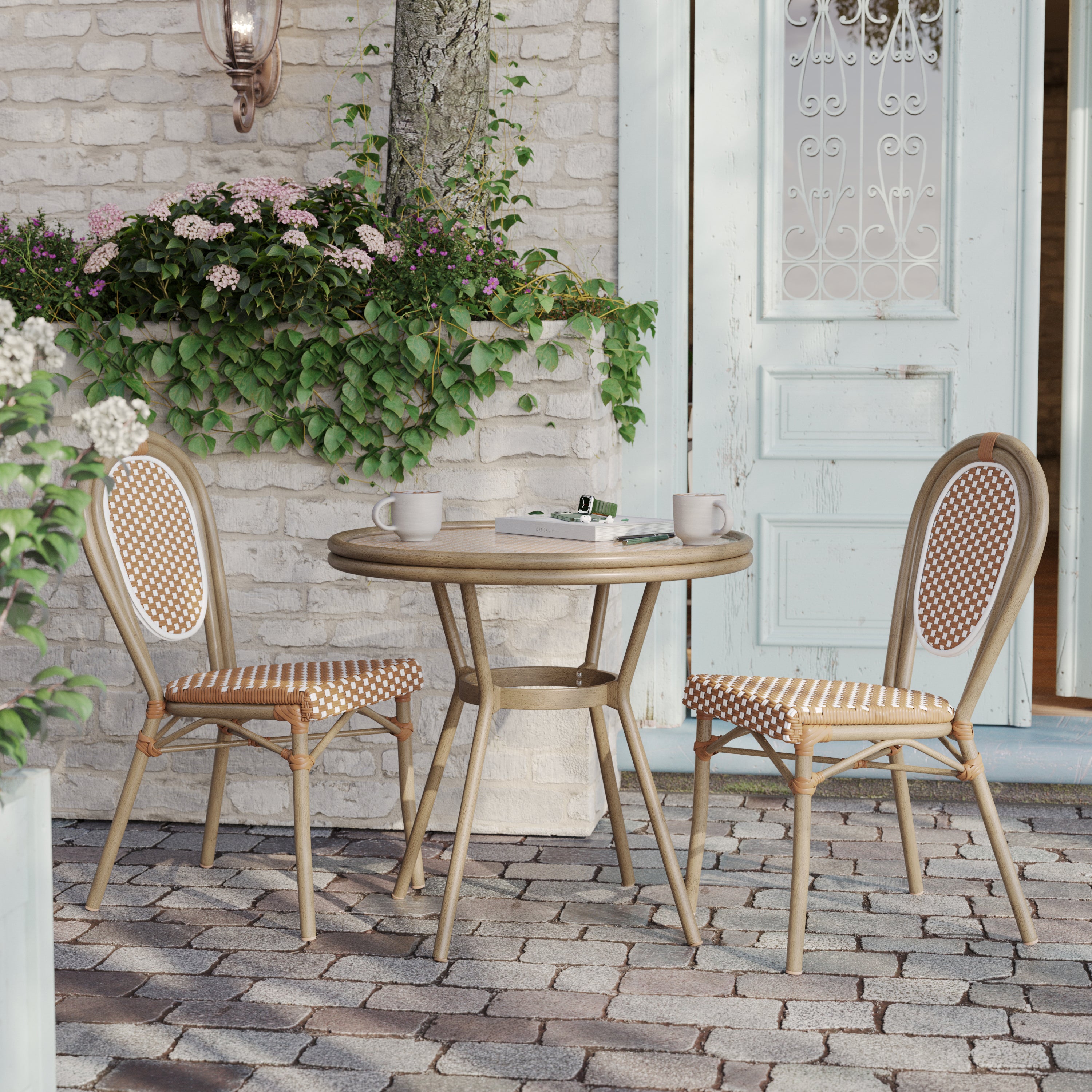 Lourdes Indoor/Outdoor Commercial Bistro 31.5" Table, Natural/White PE Rattan, Glass Top, Bamboo Print Aluminum Frame in Light Natural