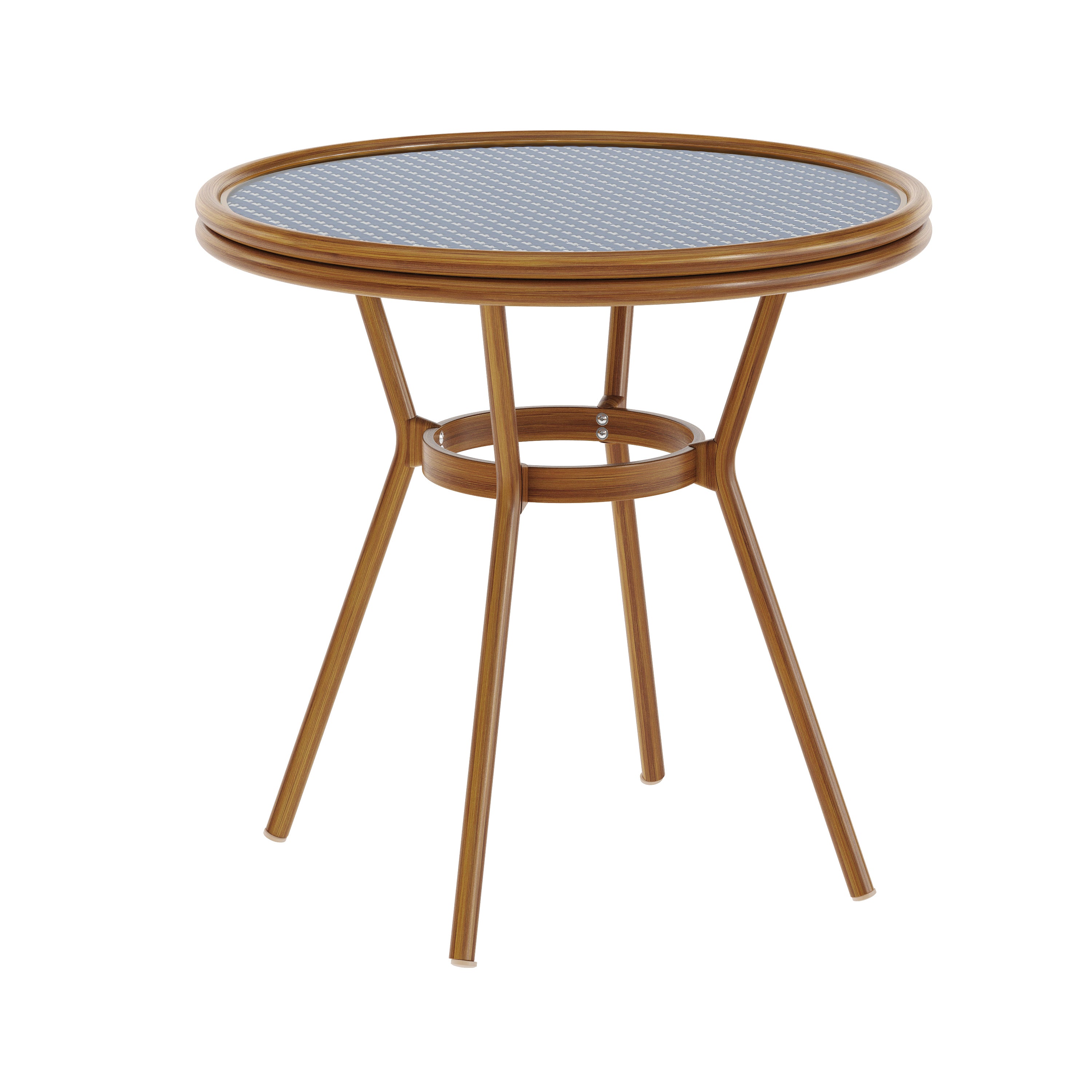 Lourdes Indoor/Outdoor Commercial Bistro 31.5" Table, Navy and White PE Rattan, Glass Top, Bamboo Print Aluminum Frame in Natural