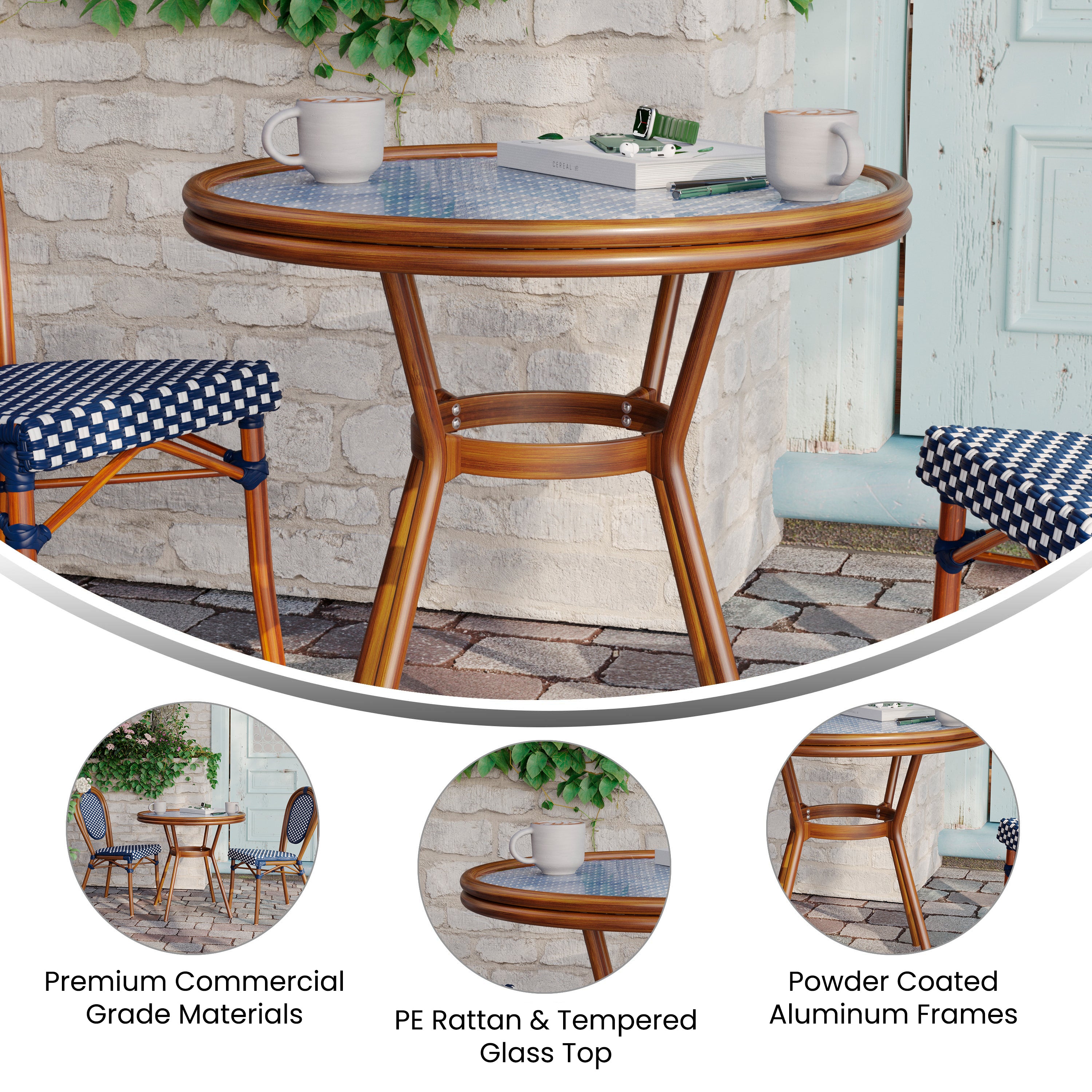 Lourdes Indoor/Outdoor Commercial Bistro 31.5" Table, Navy and White PE Rattan, Glass Top, Bamboo Print Aluminum Frame in Natural