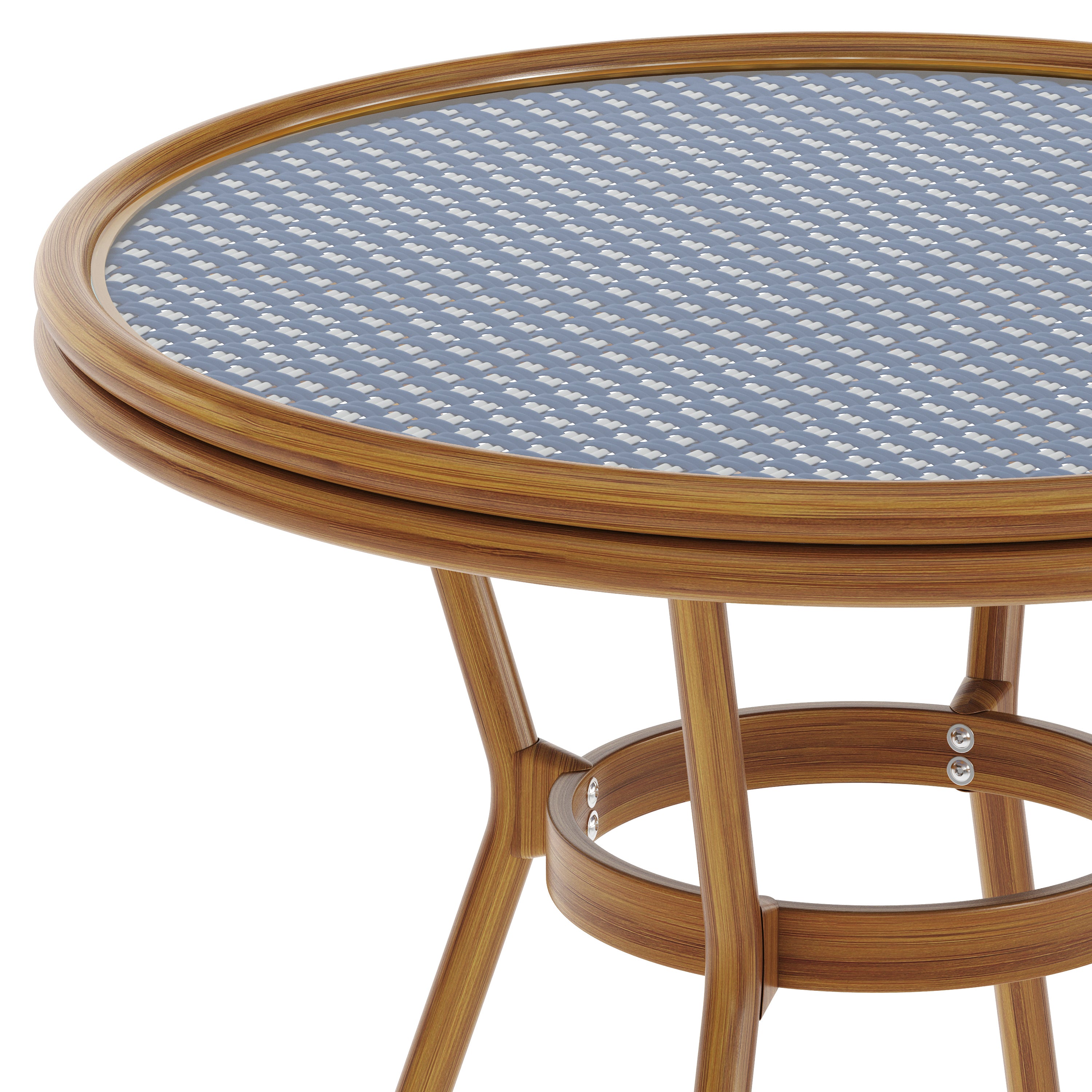 Lourdes Indoor/Outdoor Commercial Bistro 31.5" Table, Navy and White PE Rattan, Glass Top, Bamboo Print Aluminum Frame in Natural