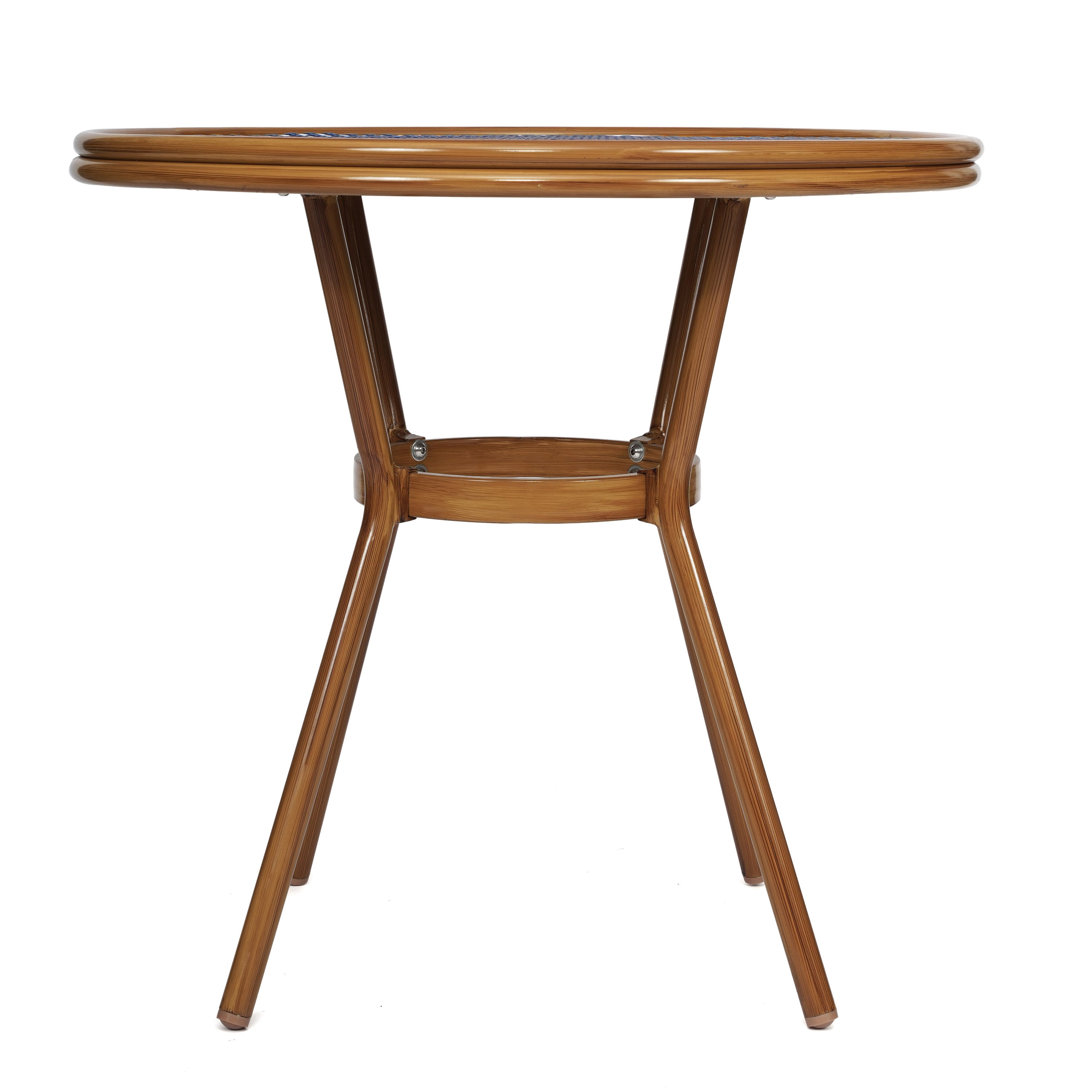 Lourdes Indoor/Outdoor Commercial Bistro 31.5" Table, Navy and White PE Rattan, Glass Top, Bamboo Print Aluminum Frame in Natural