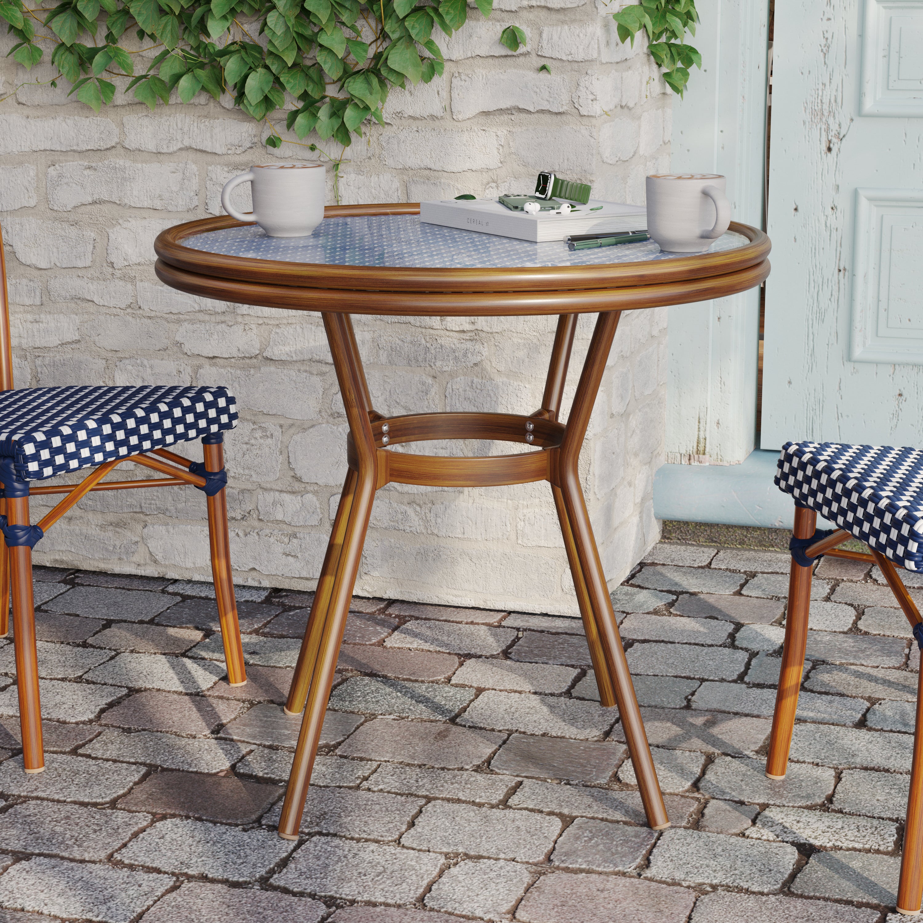 Lourdes Indoor/Outdoor Commercial Bistro 31.5" Table, Navy and White PE Rattan, Glass Top, Bamboo Print Aluminum Frame in Natural