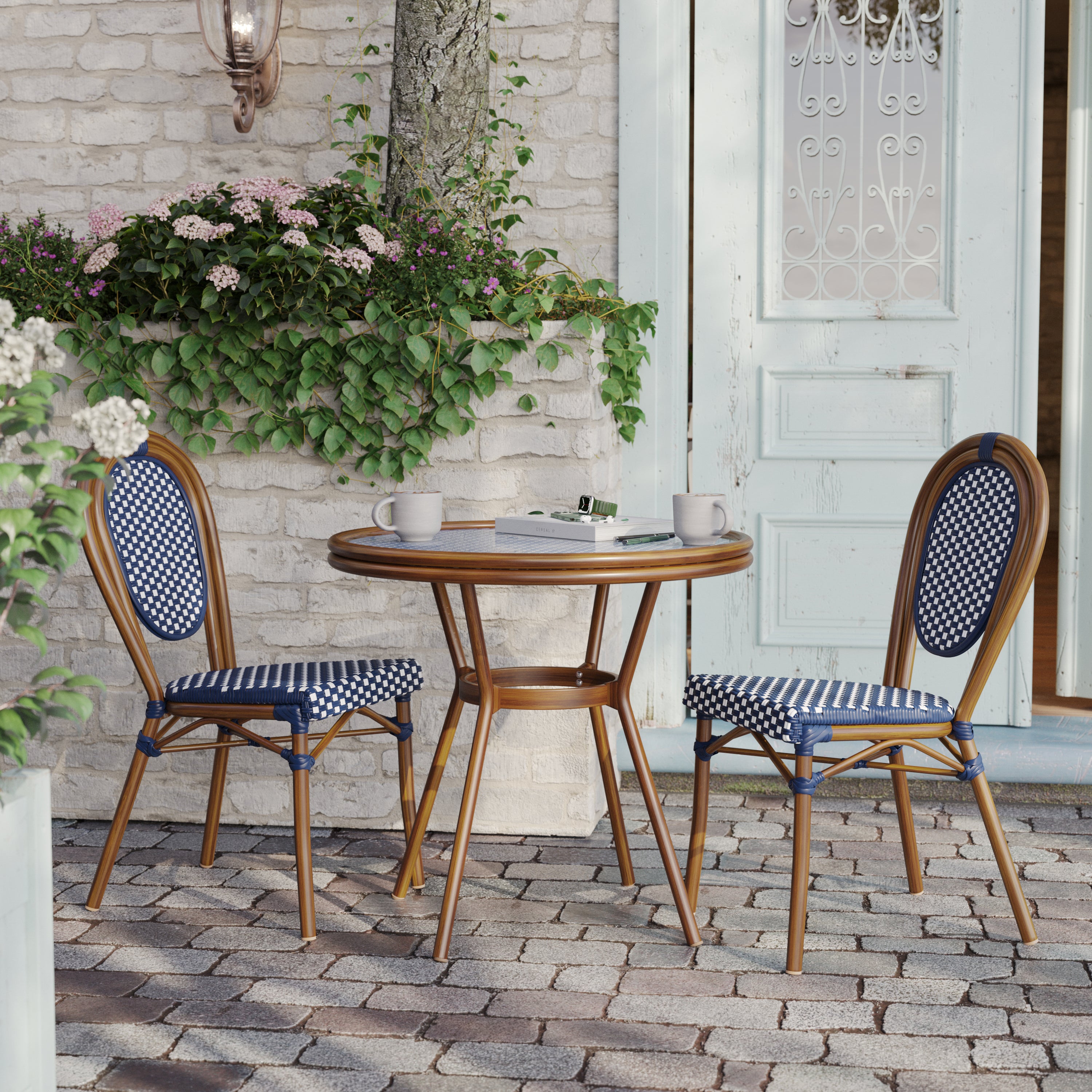 Lourdes Indoor/Outdoor Commercial Bistro 31.5" Table, Navy and White PE Rattan, Glass Top, Bamboo Print Aluminum Frame in Natural