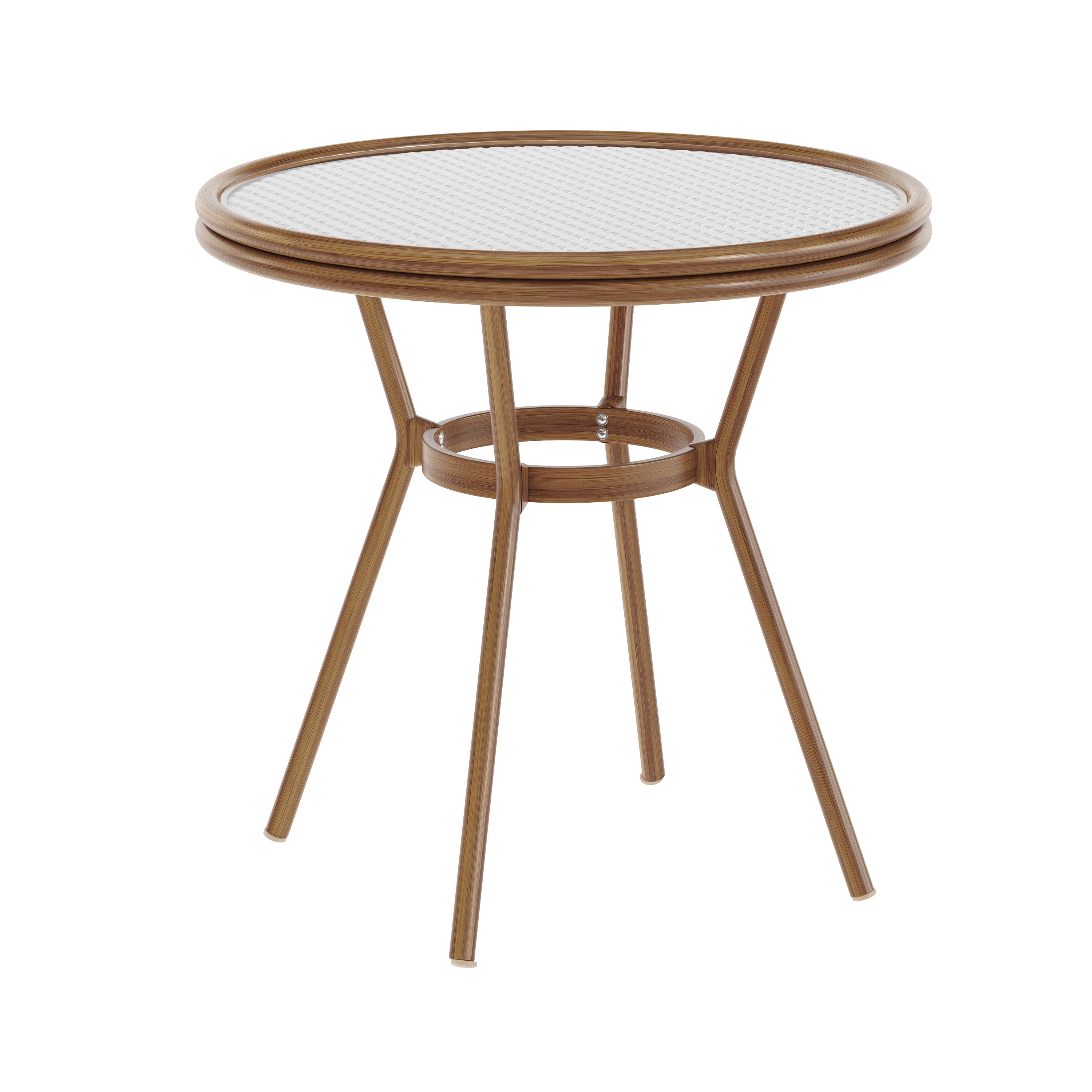 Lourdes Indoor/Outdoor Commercial Bistro 31.5" Table, White and Gray PE Rattan, Glass Top, Bamboo Print Aluminum Frame in Natural