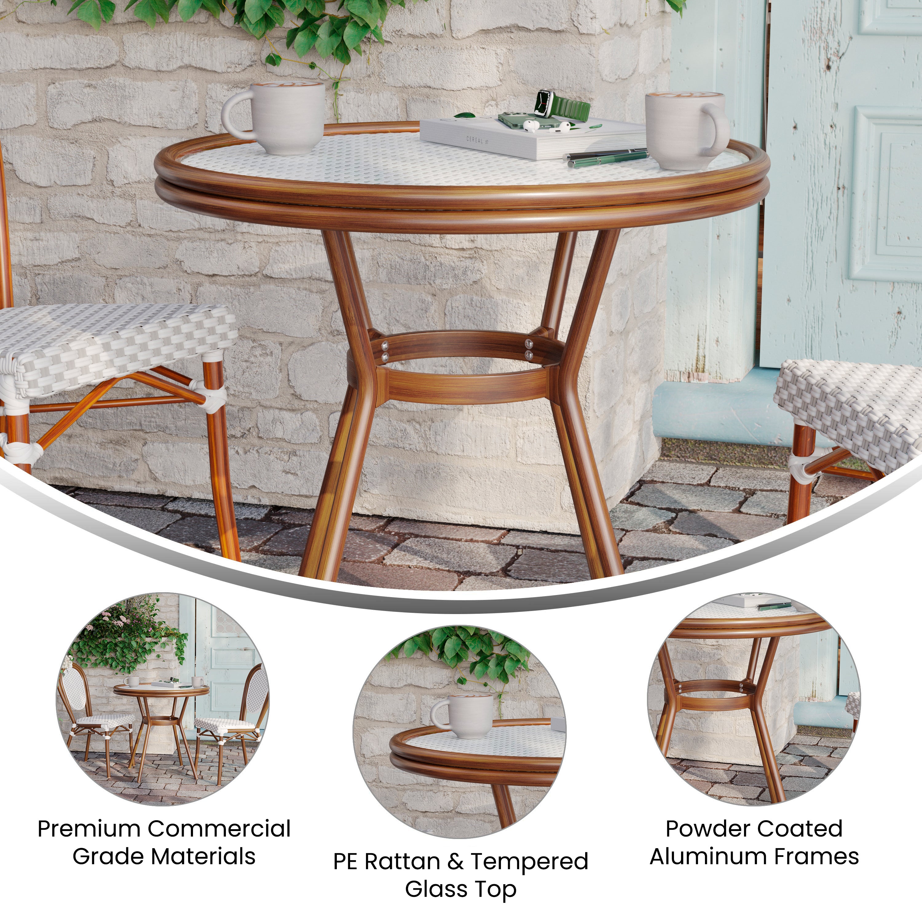 Lourdes Indoor/Outdoor Commercial Bistro 31.5" Table, White and Gray PE Rattan, Glass Top, Bamboo Print Aluminum Frame in Natural