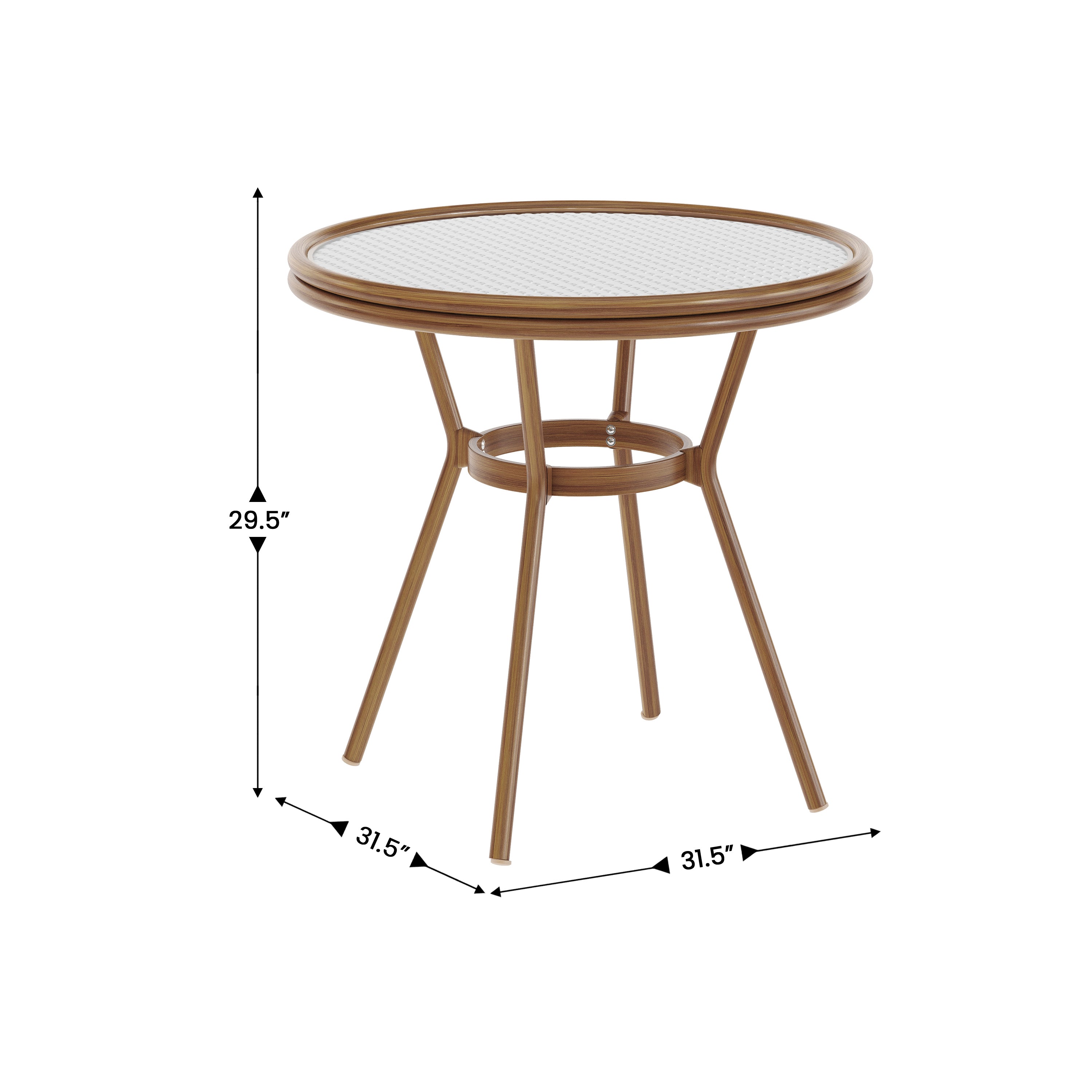 Lourdes Indoor/Outdoor Commercial Bistro 31.5" Table, White and Gray PE Rattan, Glass Top, Bamboo Print Aluminum Frame in Natural