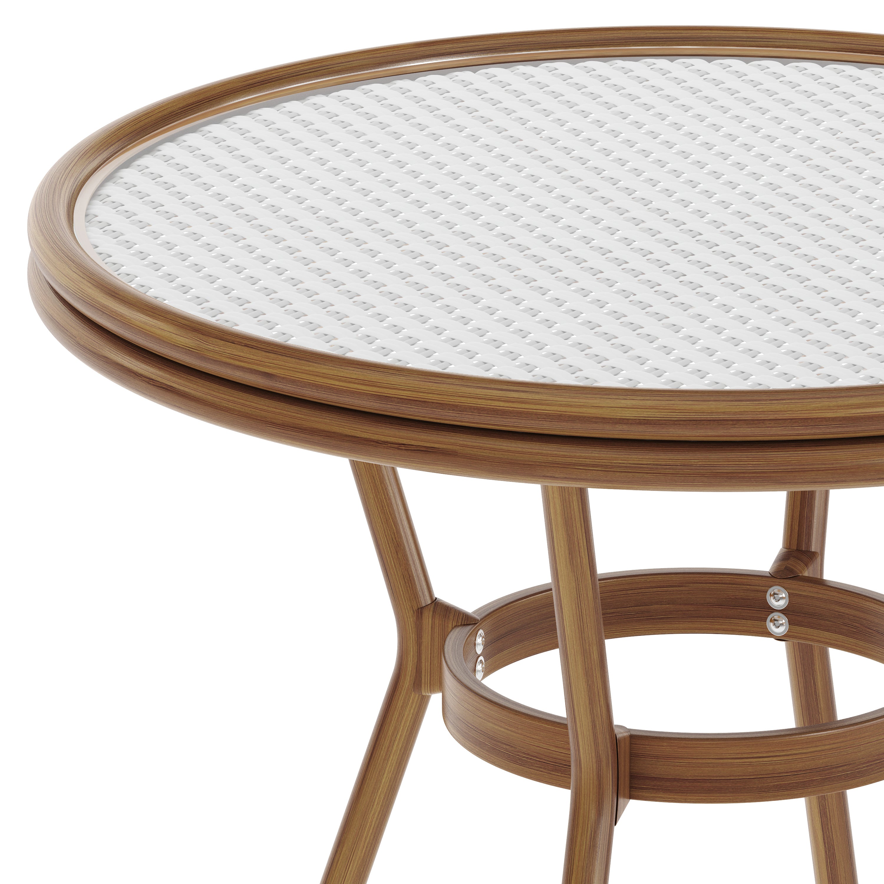 Lourdes Indoor/Outdoor Commercial Bistro 31.5" Table, White and Gray PE Rattan, Glass Top, Bamboo Print Aluminum Frame in Natural