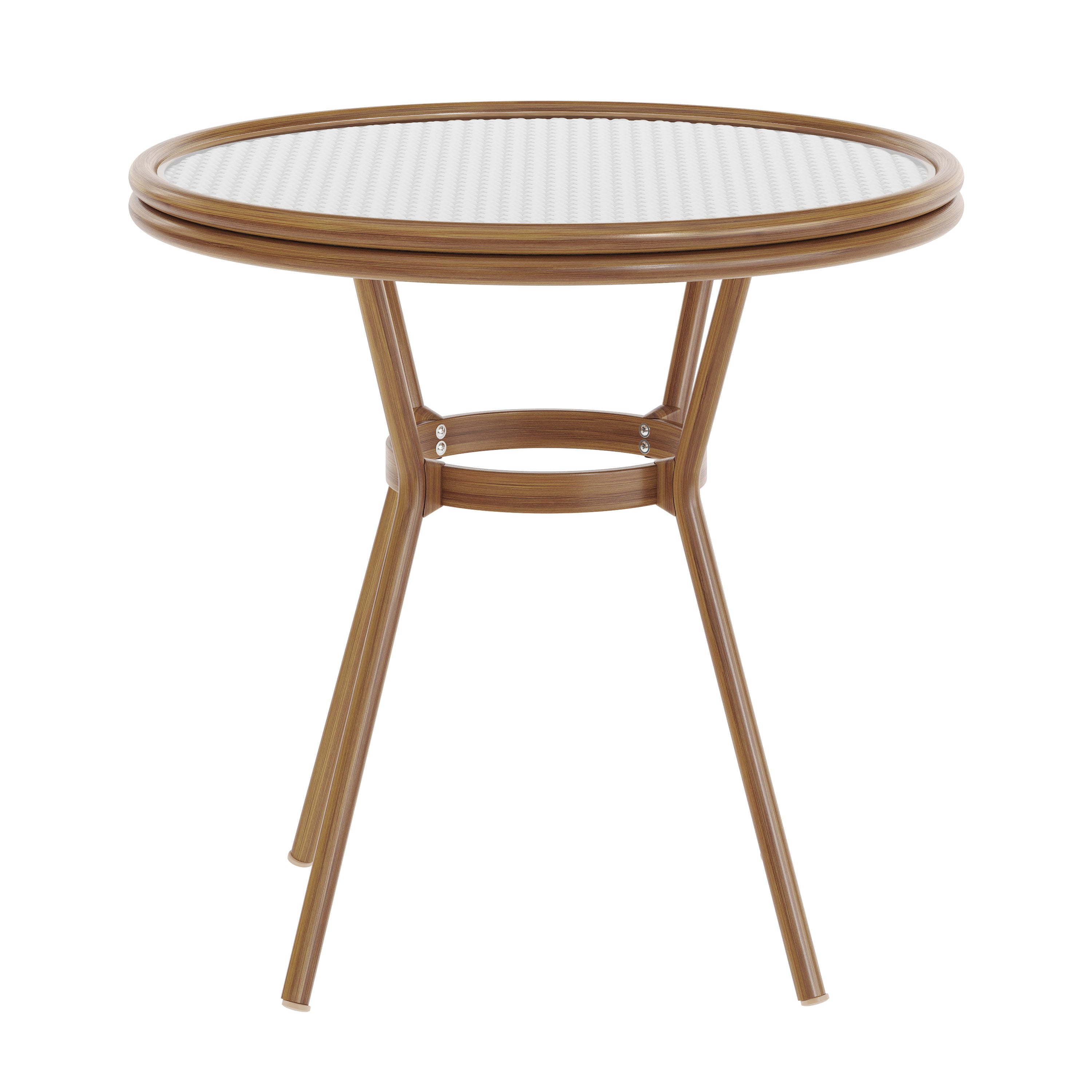 Lourdes Indoor/Outdoor Commercial Bistro 31.5" Table, White and Gray PE Rattan, Glass Top, Bamboo Print Aluminum Frame in Natural