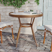 Lourdes Indoor/Outdoor Commercial Bistro 31.5" Table, White and Gray PE Rattan, Glass Top, Bamboo Print Aluminum Frame in Natural