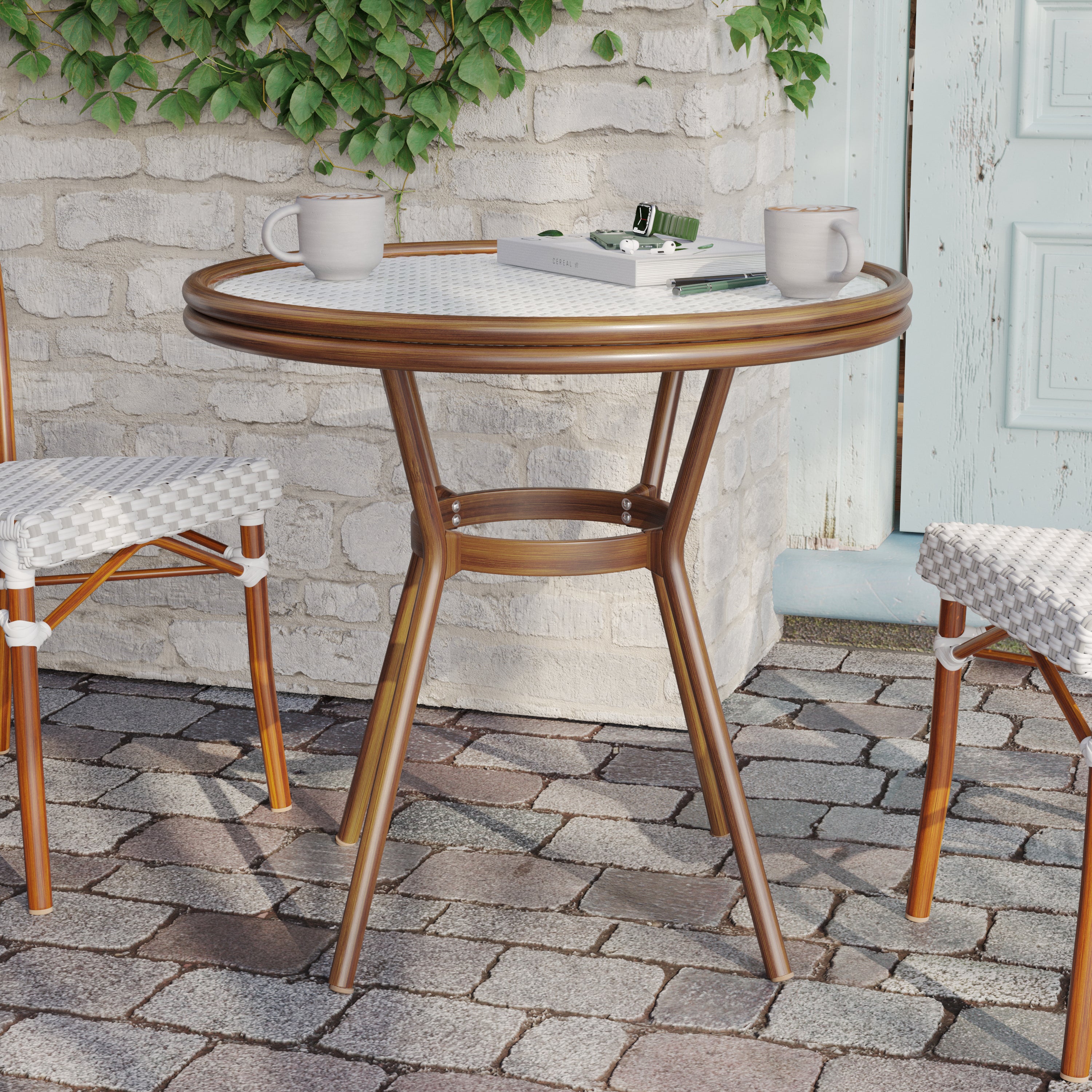 Lourdes Indoor/Outdoor Commercial Bistro 31.5" Table, White and Gray PE Rattan, Glass Top, Bamboo Print Aluminum Frame in Natural
