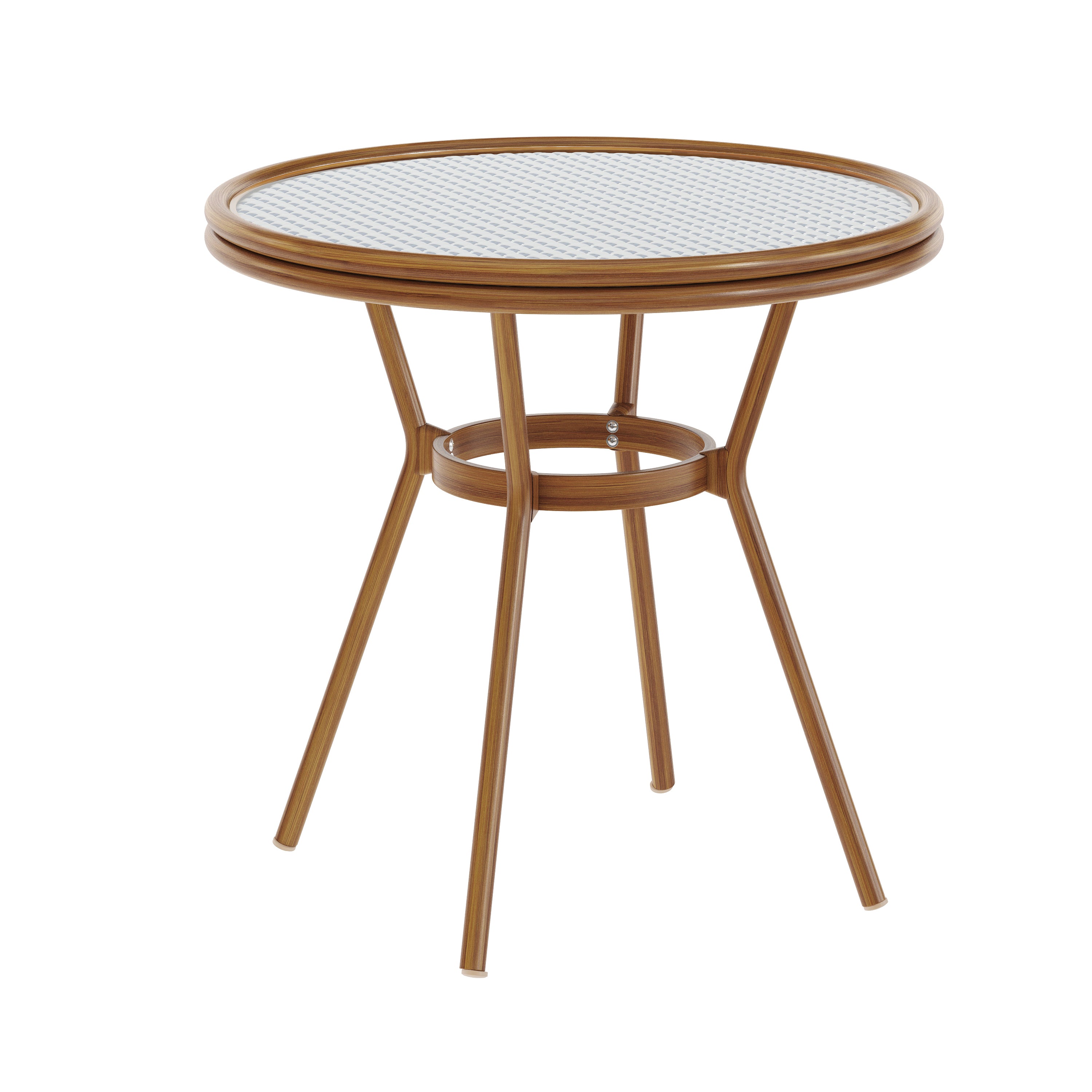 Lourdes Indoor/Outdoor Commercial Bistro 31.5" Table, White and Navy PE Rattan, Glass Top, Bamboo Print Aluminum Frame in Natural