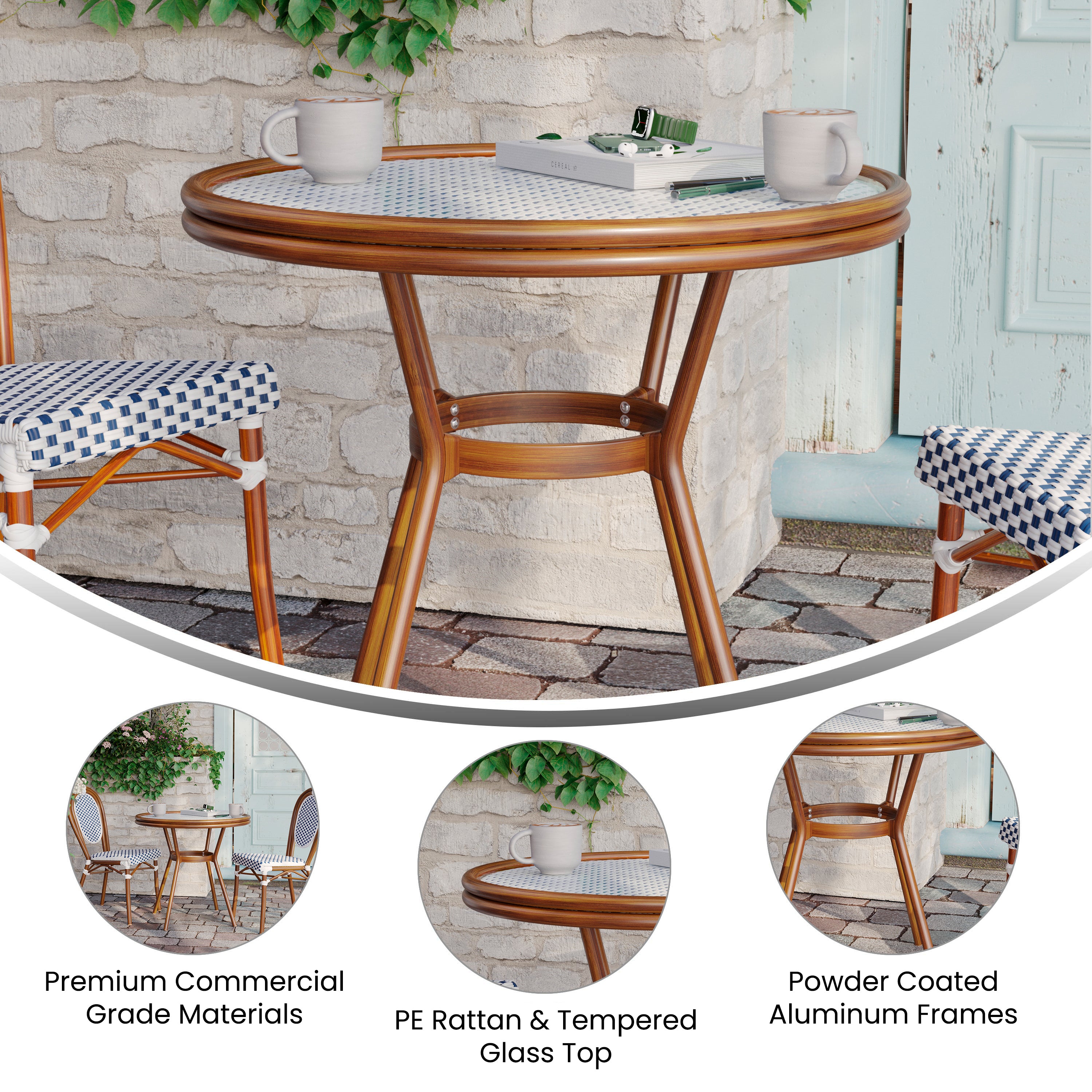 Lourdes Indoor/Outdoor Commercial Bistro 31.5" Table, White and Navy PE Rattan, Glass Top, Bamboo Print Aluminum Frame in Natural