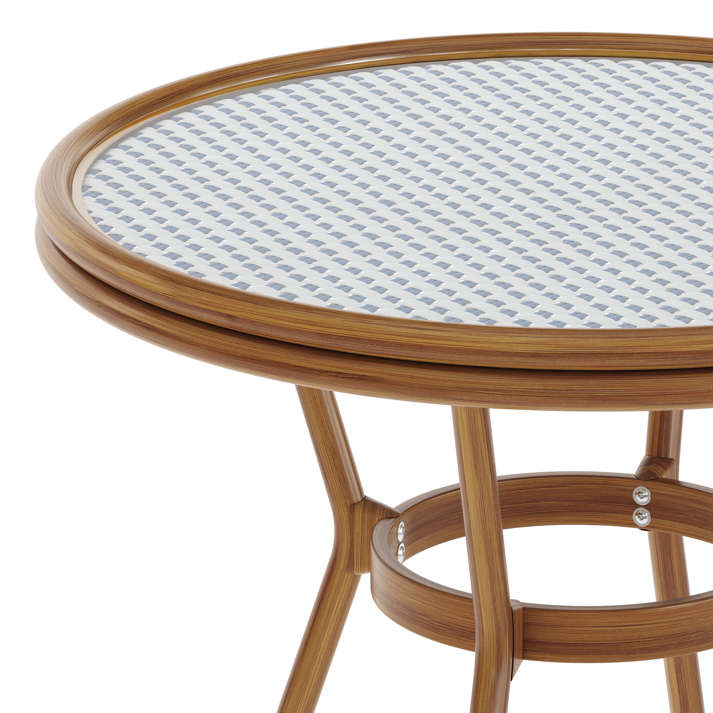 Lourdes Indoor/Outdoor Commercial Bistro 31.5" Table, White and Navy PE Rattan, Glass Top, Bamboo Print Aluminum Frame in Natural