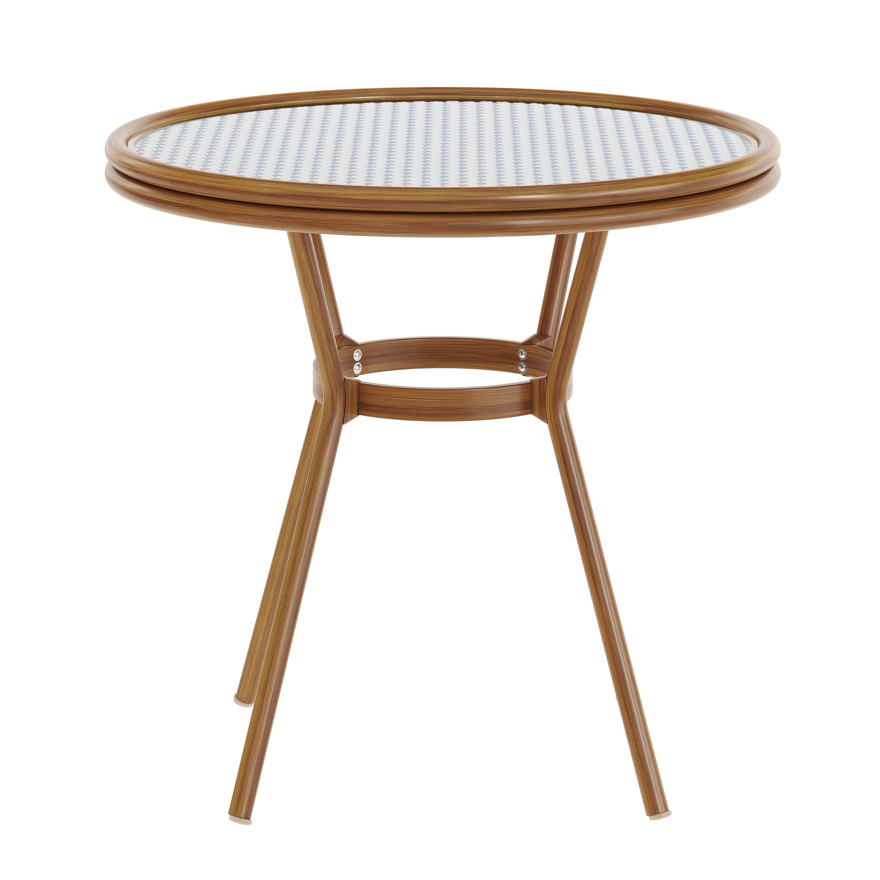 Lourdes Indoor/Outdoor Commercial Bistro 31.5" Table, White and Navy PE Rattan, Glass Top, Bamboo Print Aluminum Frame in Natural