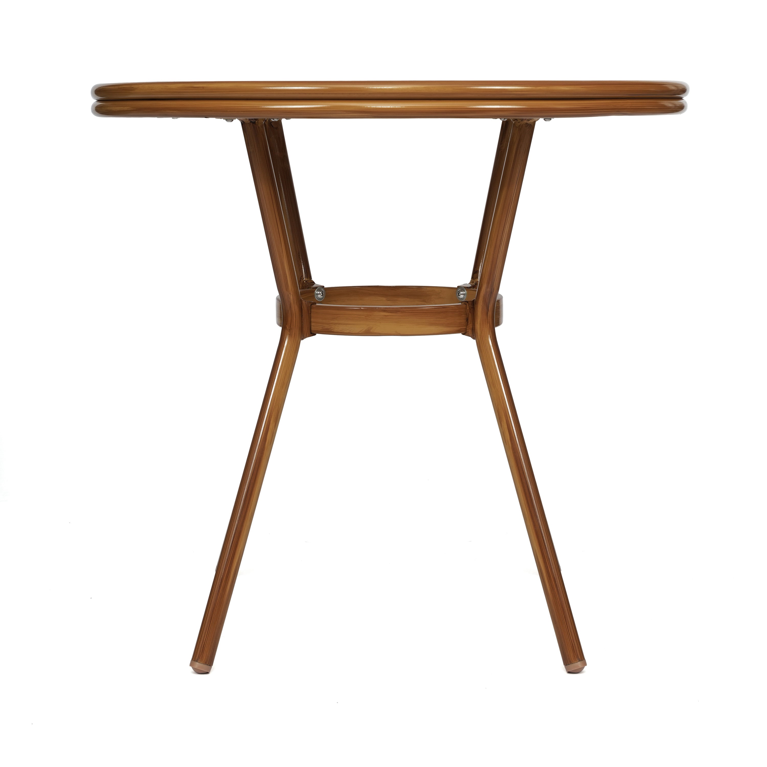Lourdes Indoor/Outdoor Commercial Bistro 31.5" Table, White and Navy PE Rattan, Glass Top, Bamboo Print Aluminum Frame in Natural