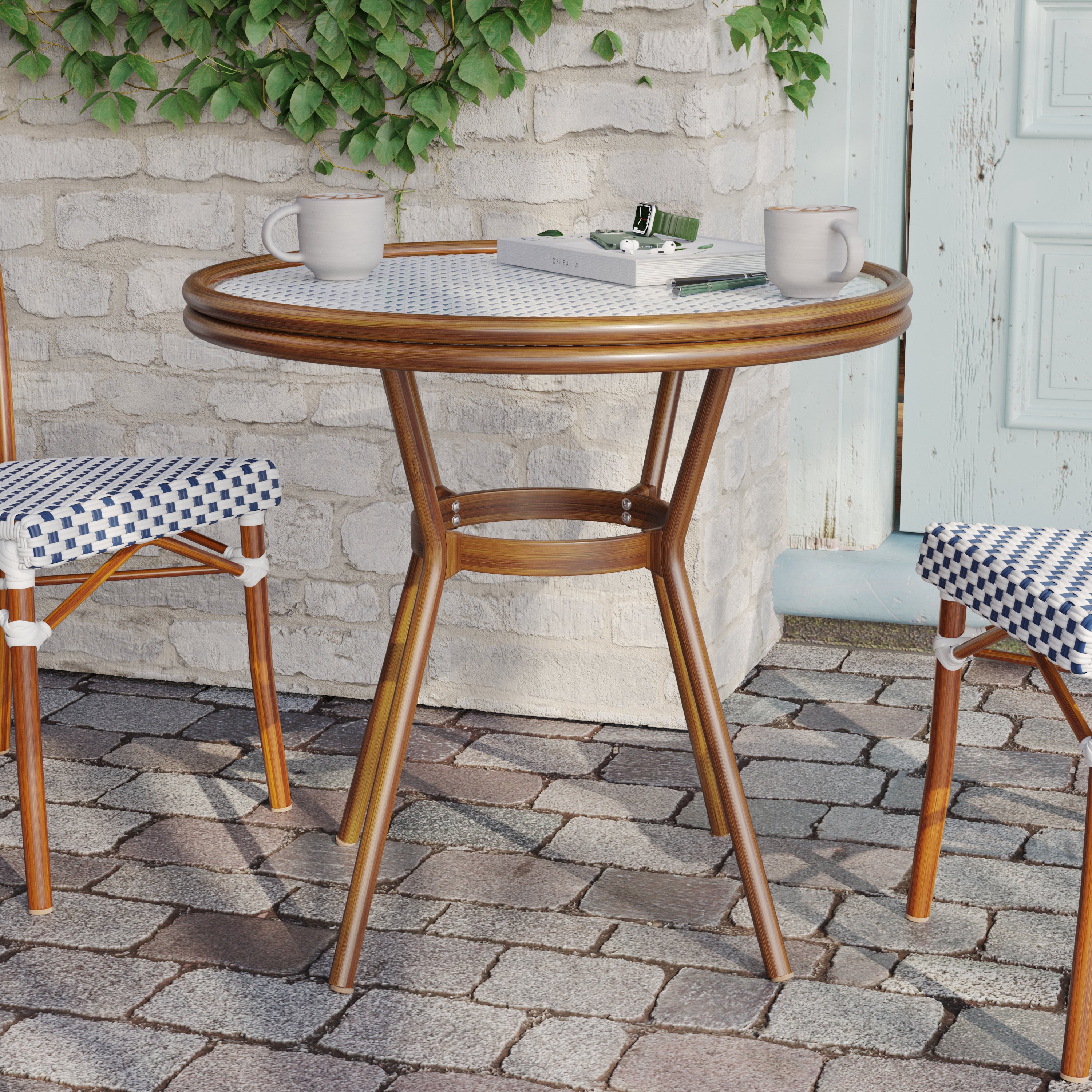 Lourdes Indoor/Outdoor Commercial Bistro 31.5" Table, White and Navy PE Rattan, Glass Top, Bamboo Print Aluminum Frame in Natural