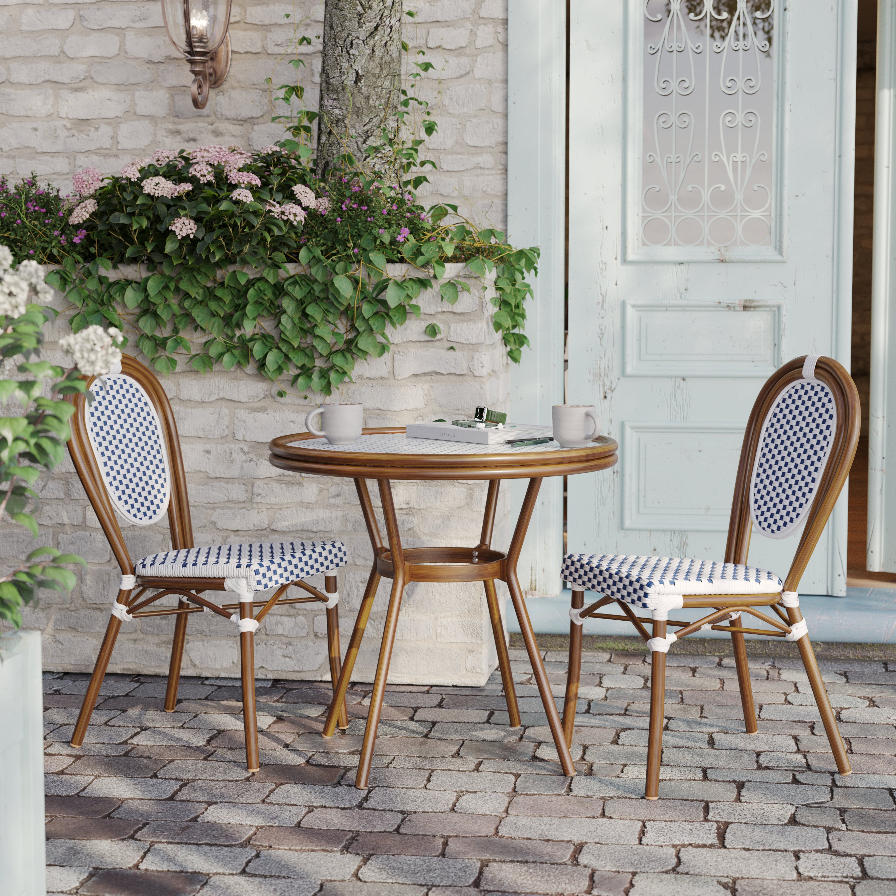 Lourdes Indoor/Outdoor Commercial Bistro 31.5" Table, White and Navy PE Rattan, Glass Top, Bamboo Print Aluminum Frame in Natural