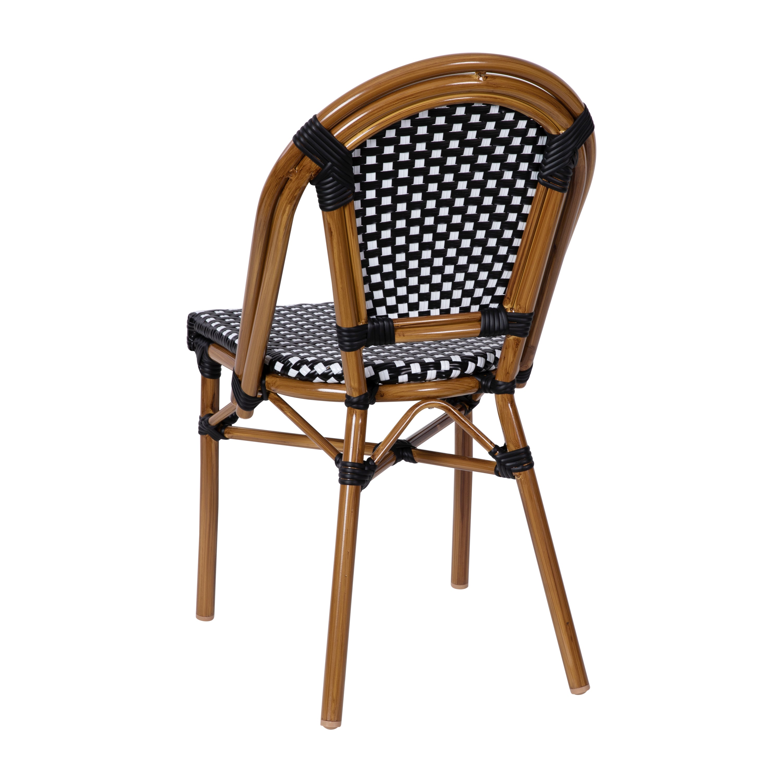 Bordeaux Indoor/Outdoor Commercial Bistro Stacking Chair, Black and White PE Rattan Back and Seat, Bamboo Print Aluminum Frame in Natural