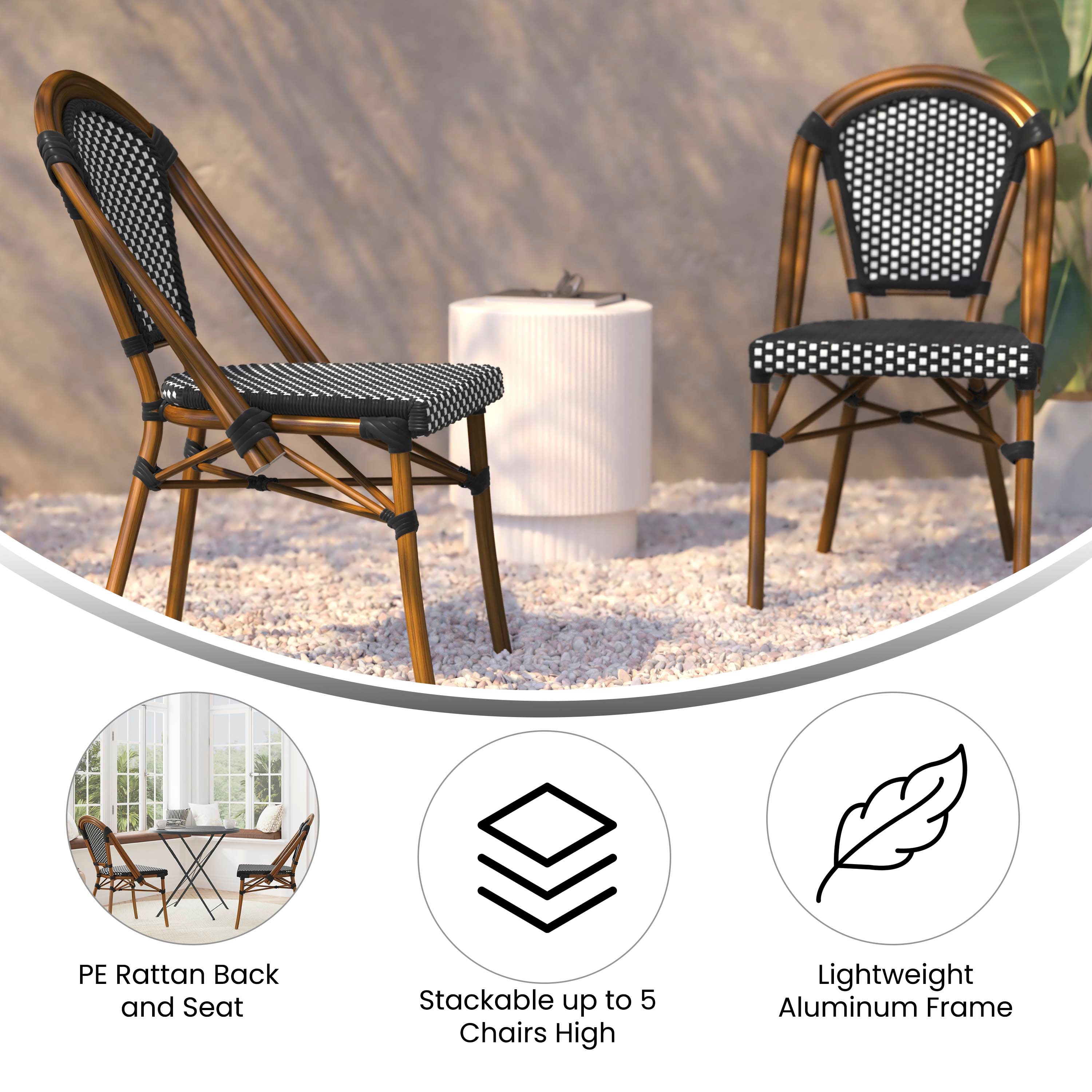 Bordeaux Indoor/Outdoor Commercial Bistro Stacking Chair, Black and White PE Rattan Back and Seat, Bamboo Print Aluminum Frame in Natural