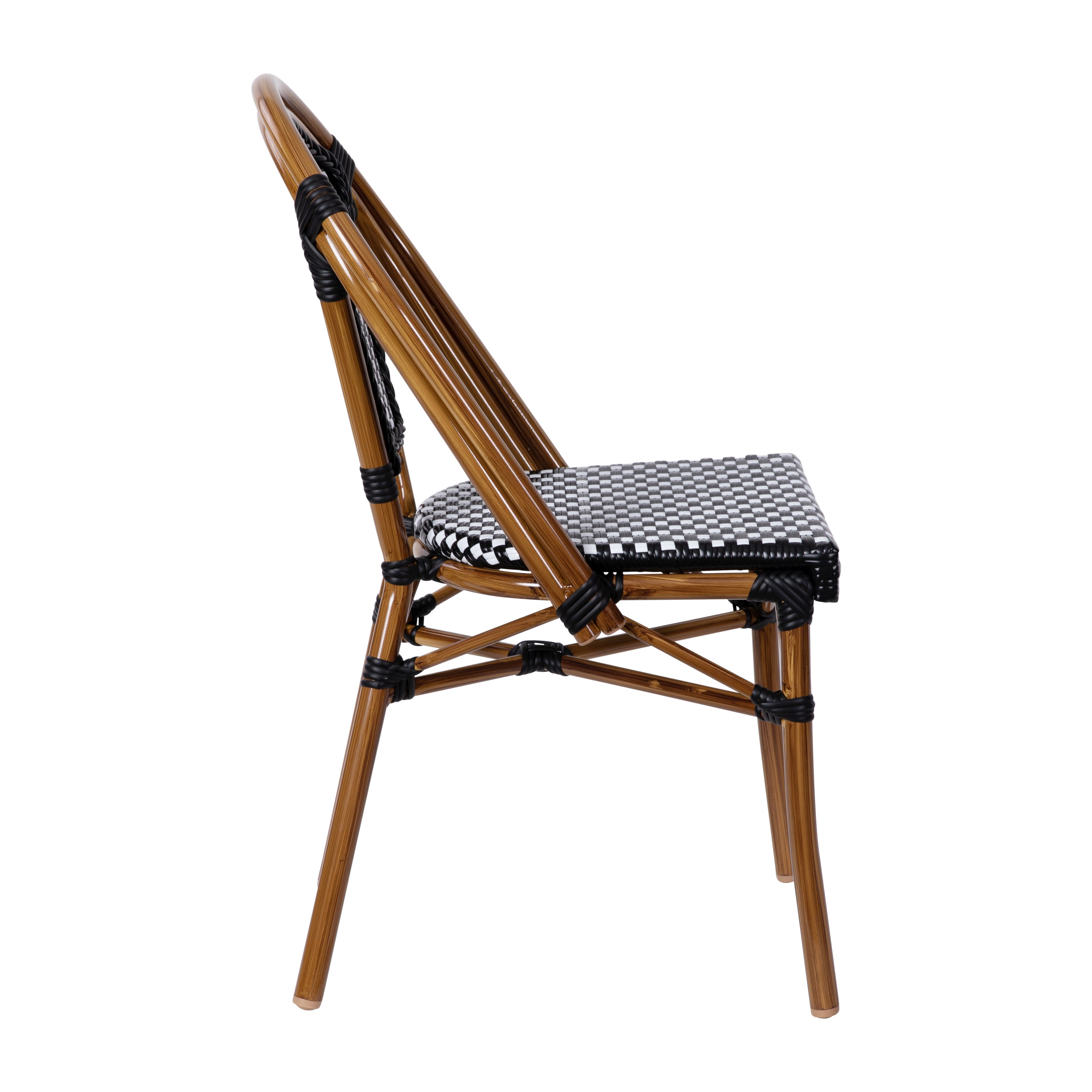 Bordeaux Indoor/Outdoor Commercial Bistro Stacking Chair, Black and White PE Rattan Back and Seat, Bamboo Print Aluminum Frame in Natural