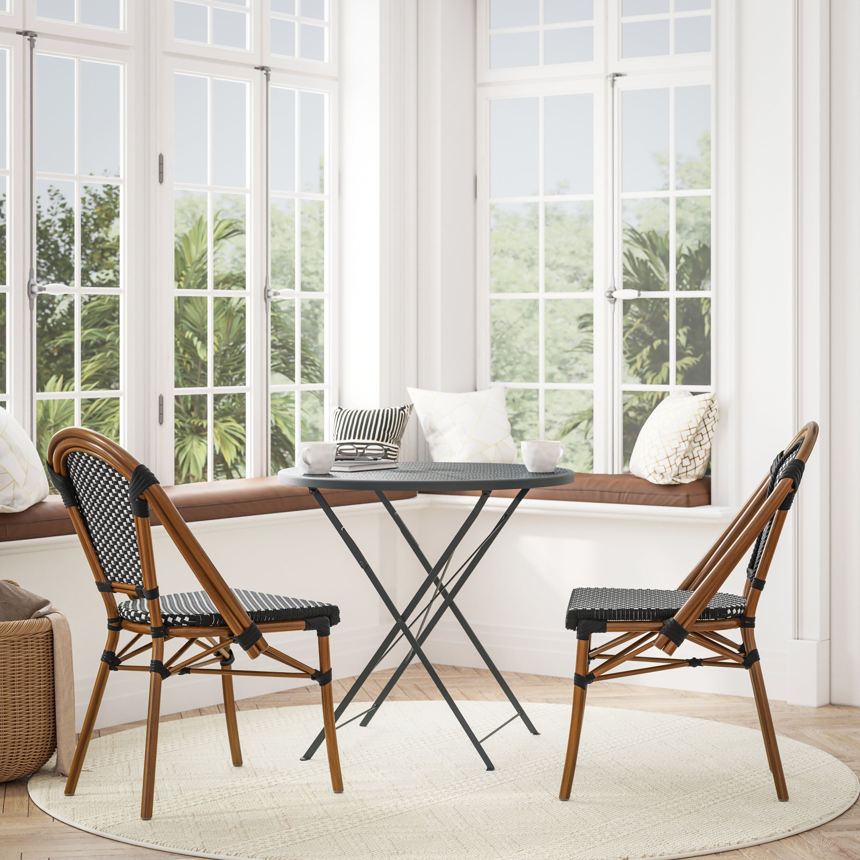 Bordeaux Indoor/Outdoor Commercial Bistro Stacking Chair, Black and White PE Rattan Back and Seat, Bamboo Print Aluminum Frame in Natural