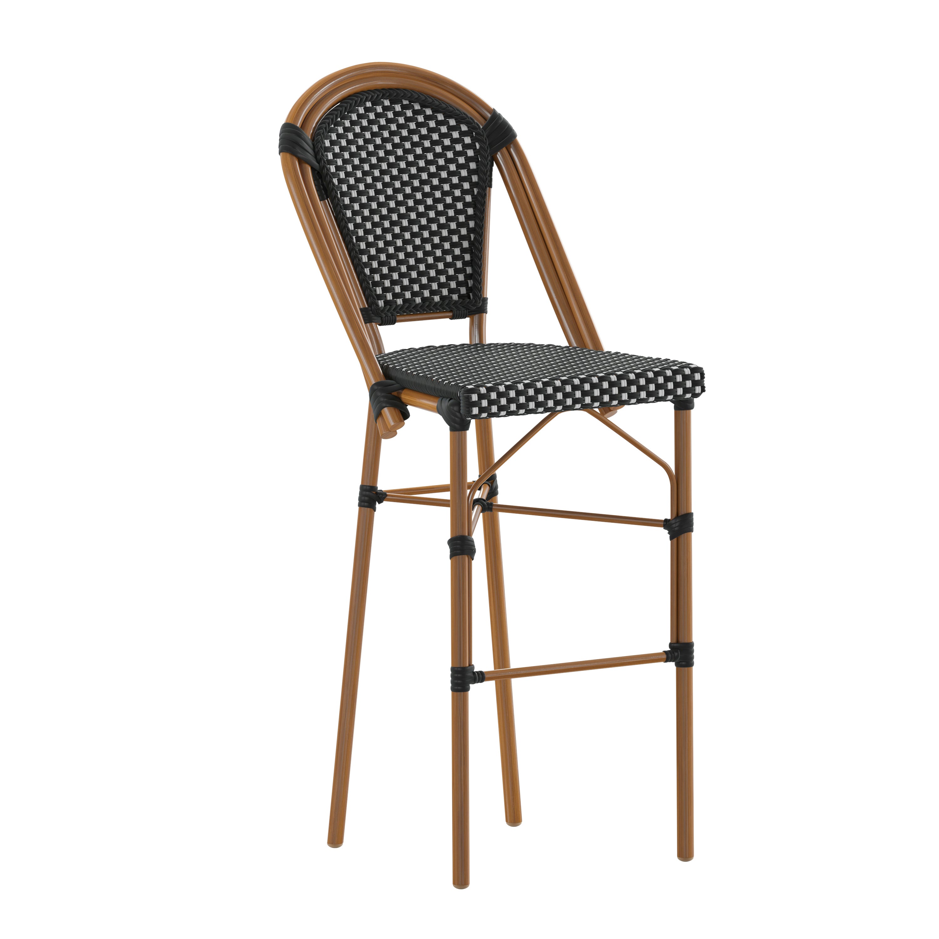 Bordeaux Stackable Indoor/Outdoor Bistro 30" High Barstool, Commercial Grade, Black/White and Bamboo Finish