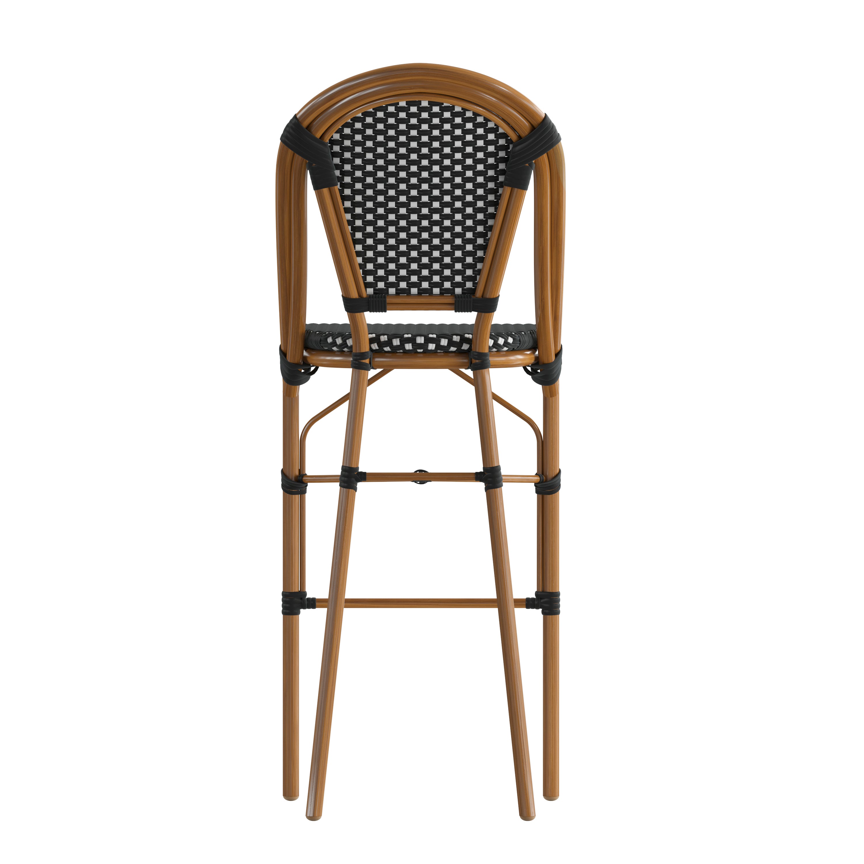 Bordeaux Stackable Indoor/Outdoor Bistro 30" High Barstool, Commercial Grade, Black/White and Bamboo Finish