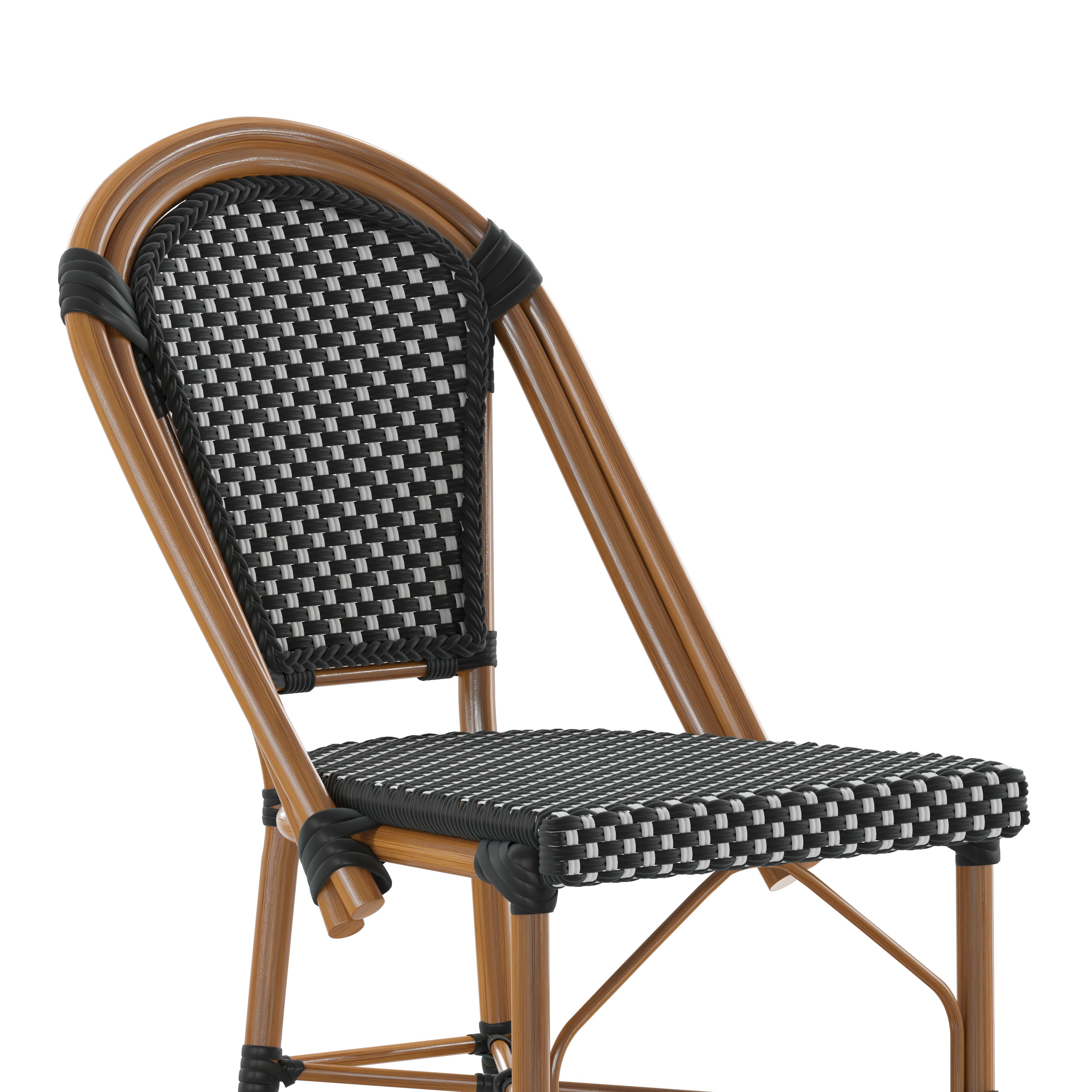 Bordeaux Stackable Indoor/Outdoor Bistro 30" High Barstool, Commercial Grade, Black/White and Bamboo Finish