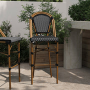 Bordeaux Stackable Indoor/Outdoor Bistro 30" High Barstool, Commercial Grade, Black/White and Bamboo Finish