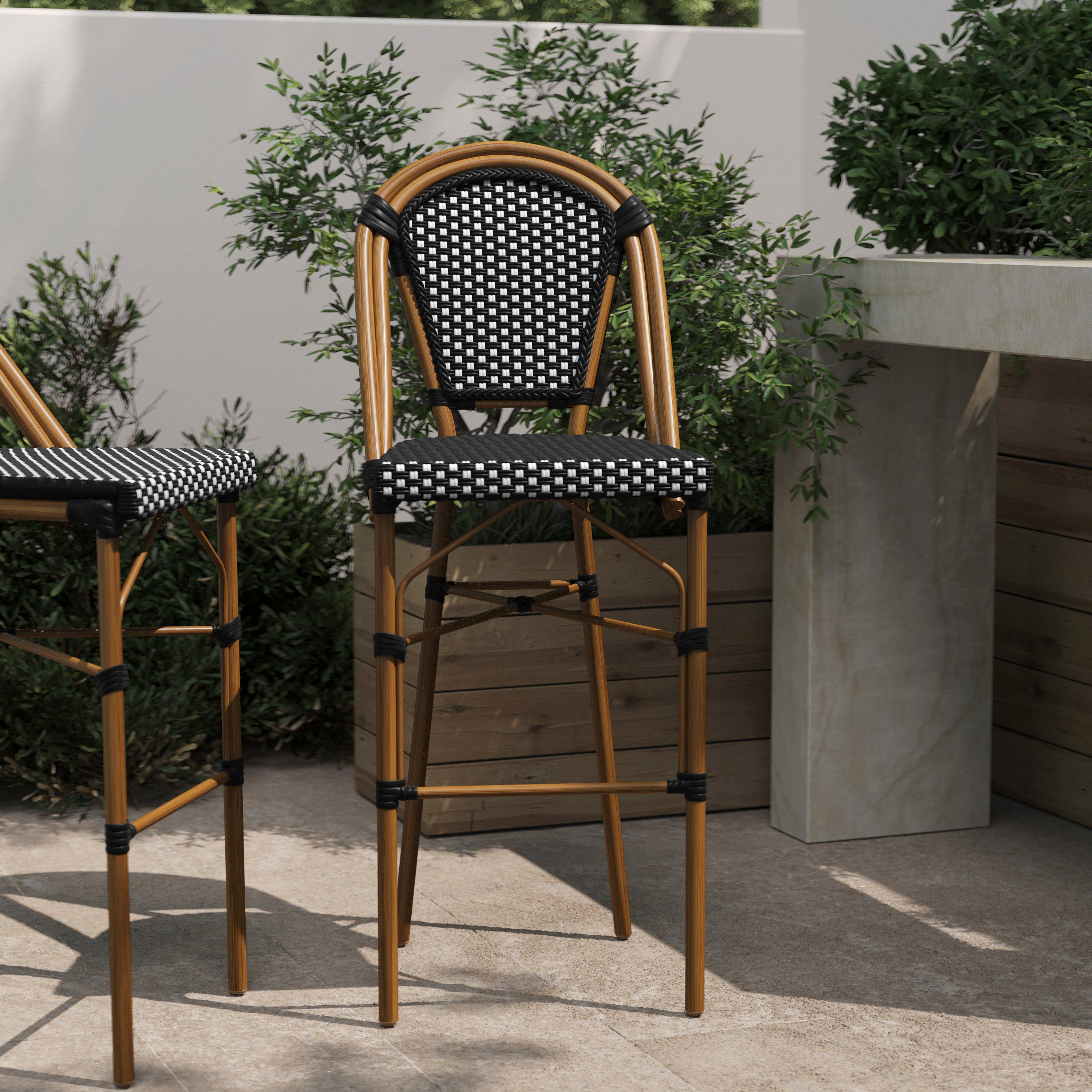 Bordeaux Stackable Indoor/Outdoor Bistro 30" High Barstool, Commercial Grade, Black/White and Bamboo Finish