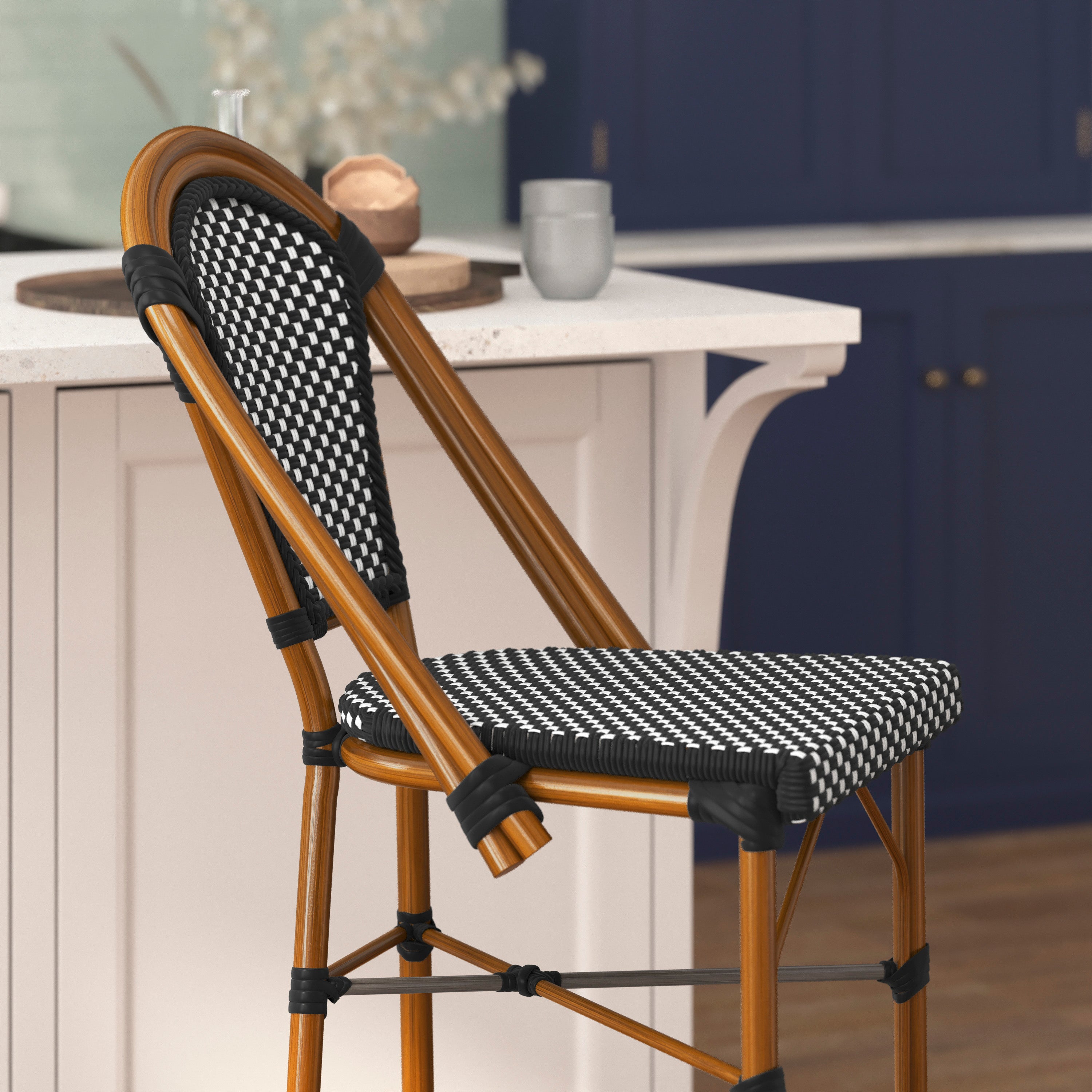 Bordeaux Stackable Indoor/Outdoor Bistro 30" High Barstool, Commercial Grade, Black/White and Bamboo Finish