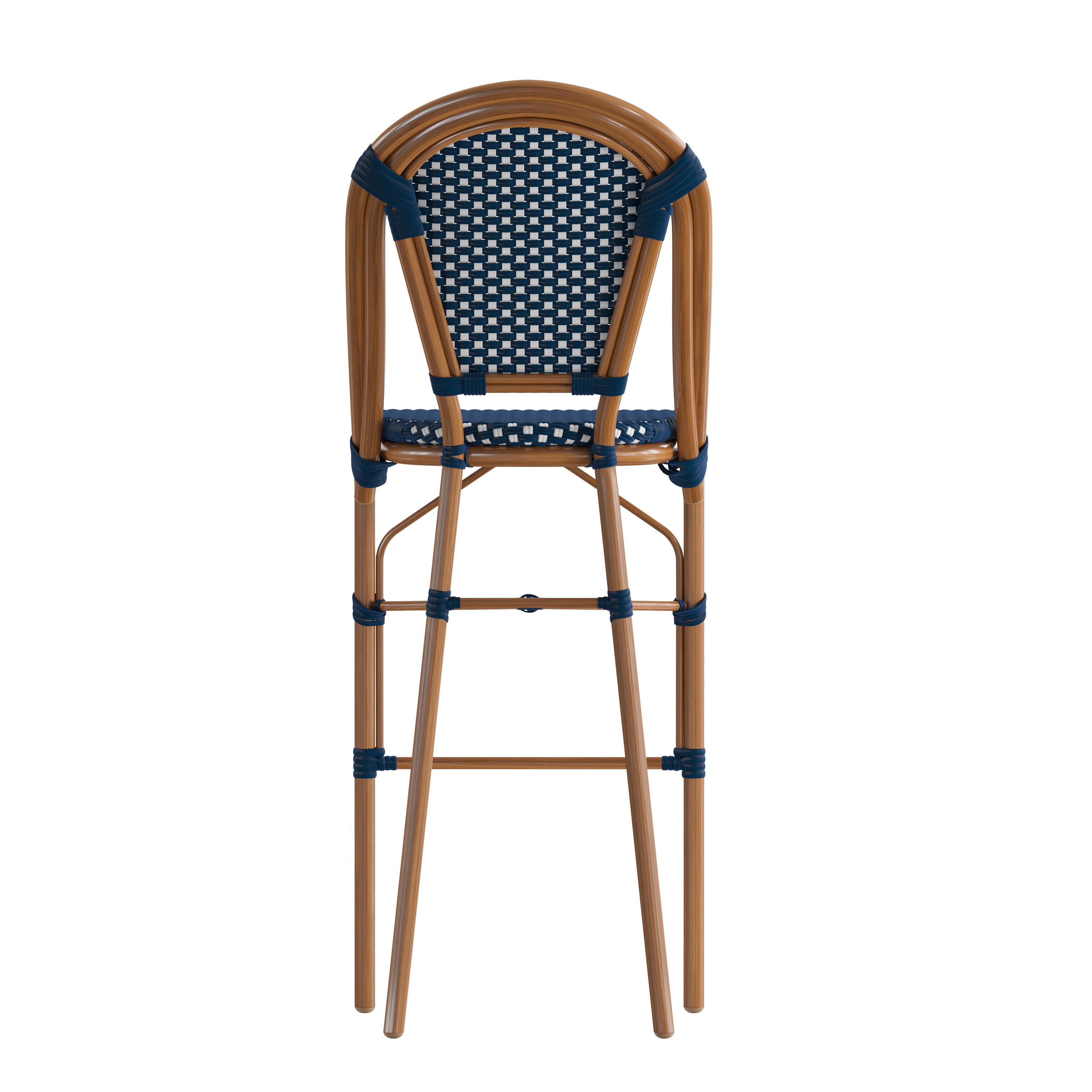 Bordeaux Stackable Indoor/Outdoor Bistro 30" High Barstool, Commercial Grade, Navy/White and Bamboo Finish