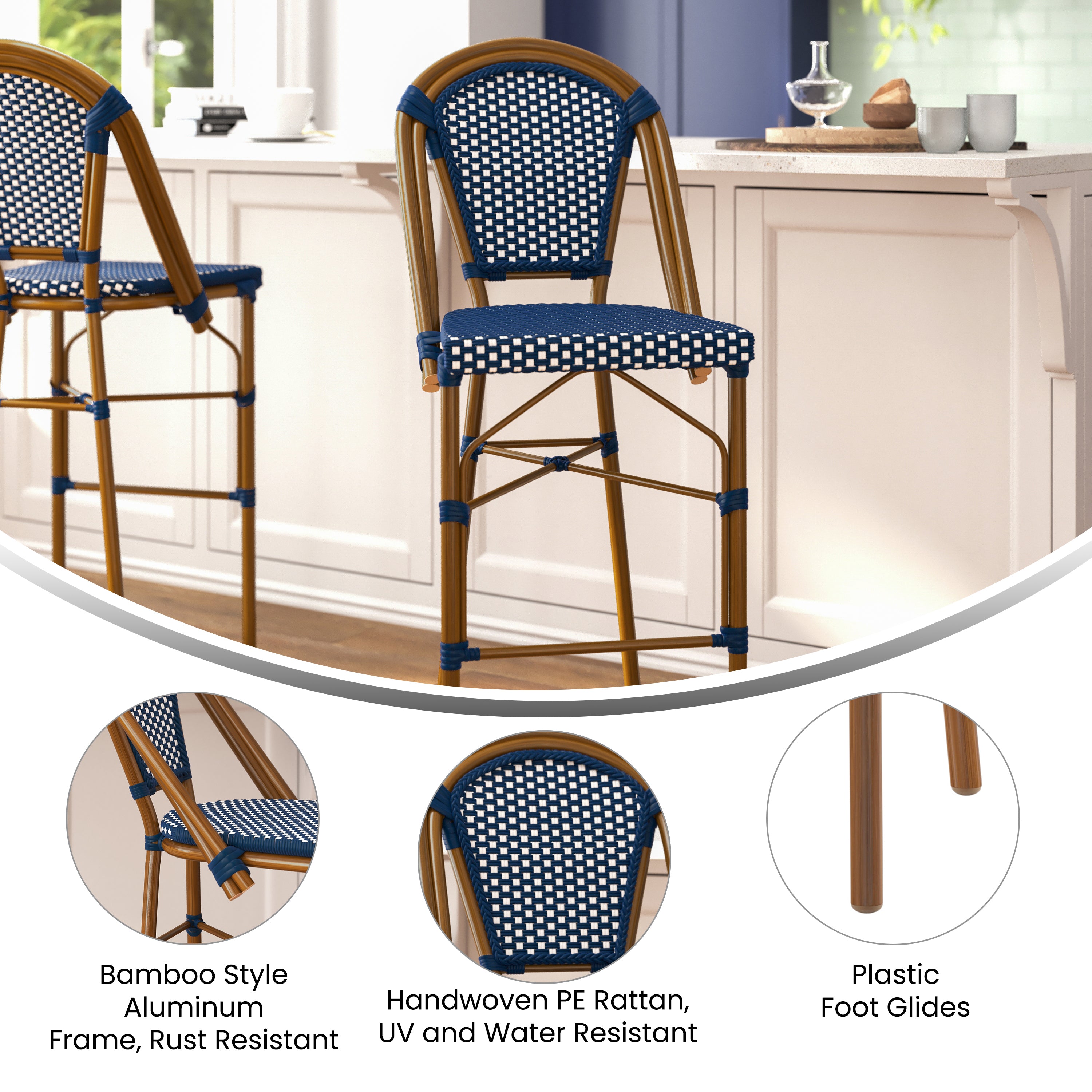 Bordeaux Stackable Indoor/Outdoor Bistro 30" High Barstool, Commercial Grade, Navy/White and Bamboo Finish