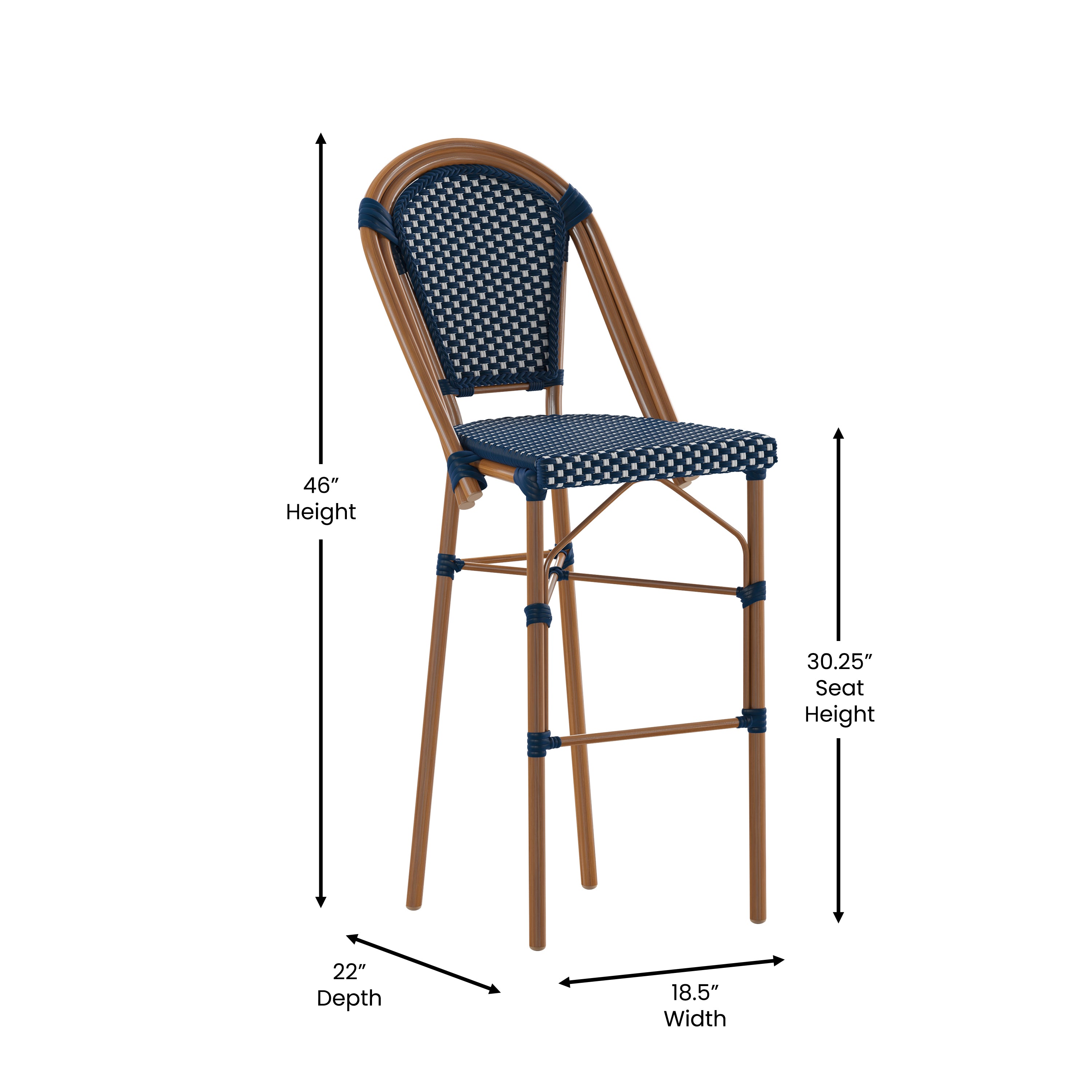 Bordeaux Stackable Indoor/Outdoor Bistro 30" High Barstool, Commercial Grade, Navy/White and Bamboo Finish