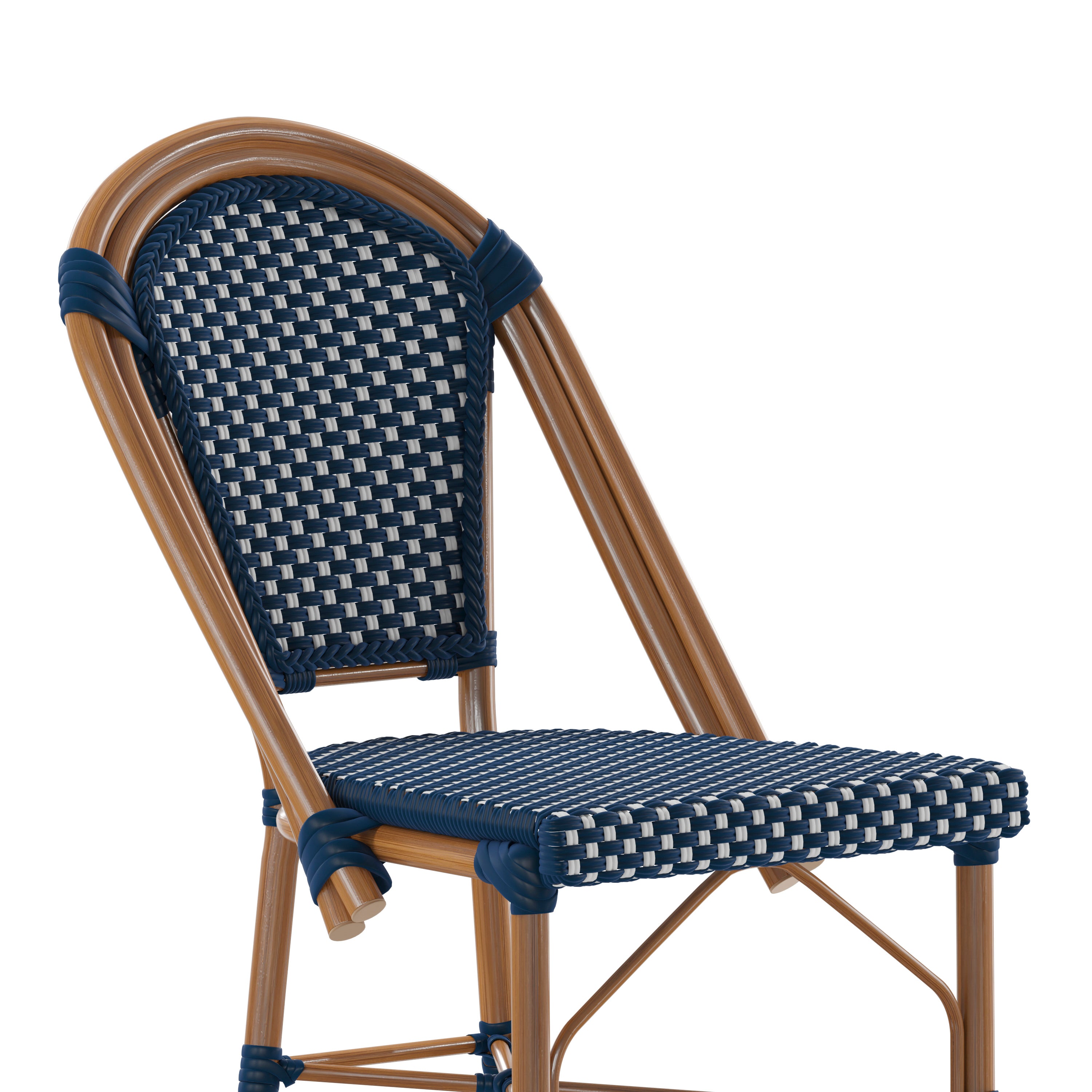 Bordeaux Stackable Indoor/Outdoor Bistro 30" High Barstool, Commercial Grade, Navy/White and Bamboo Finish