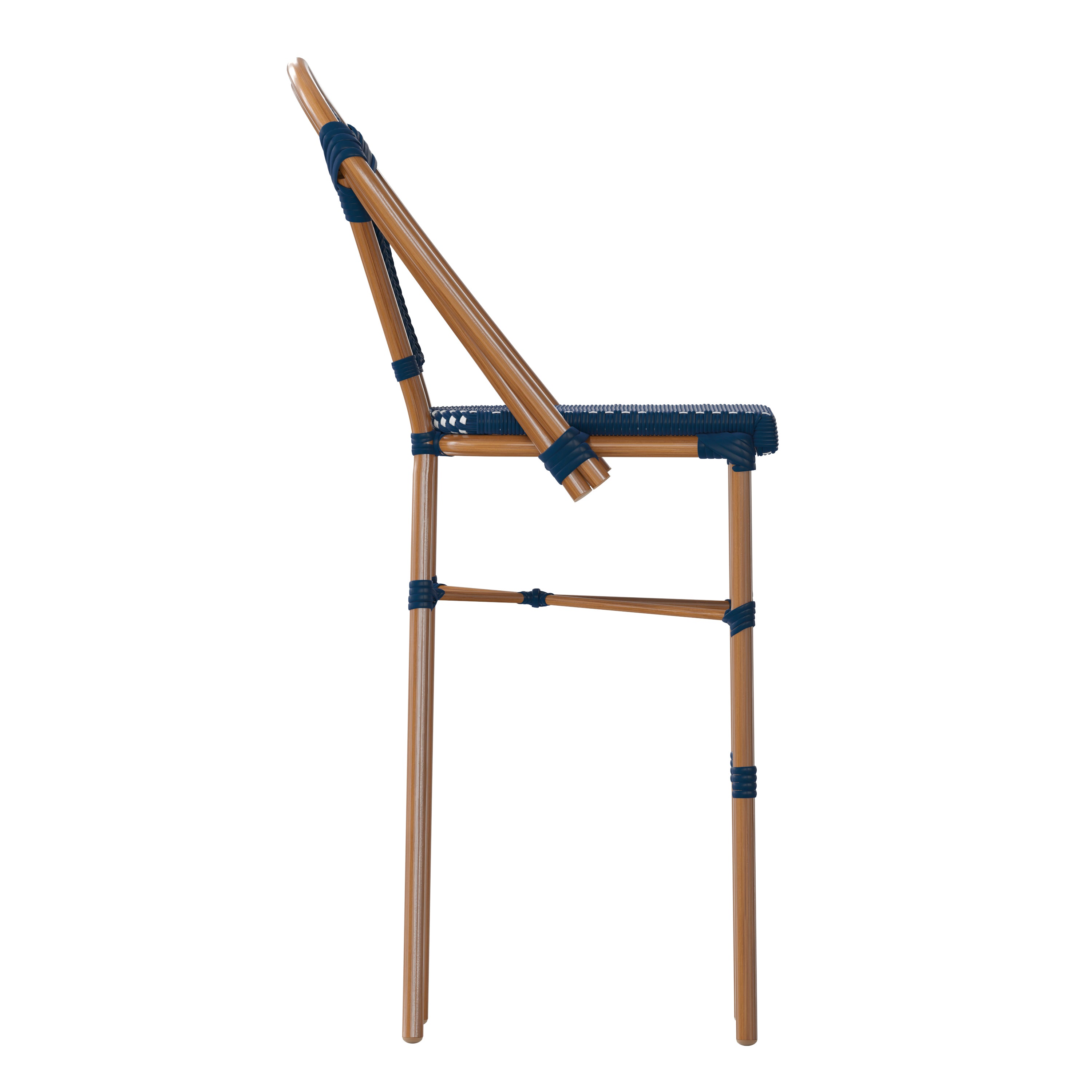 Bordeaux Stackable Indoor/Outdoor Bistro 30" High Barstool, Commercial Grade, Navy/White and Bamboo Finish