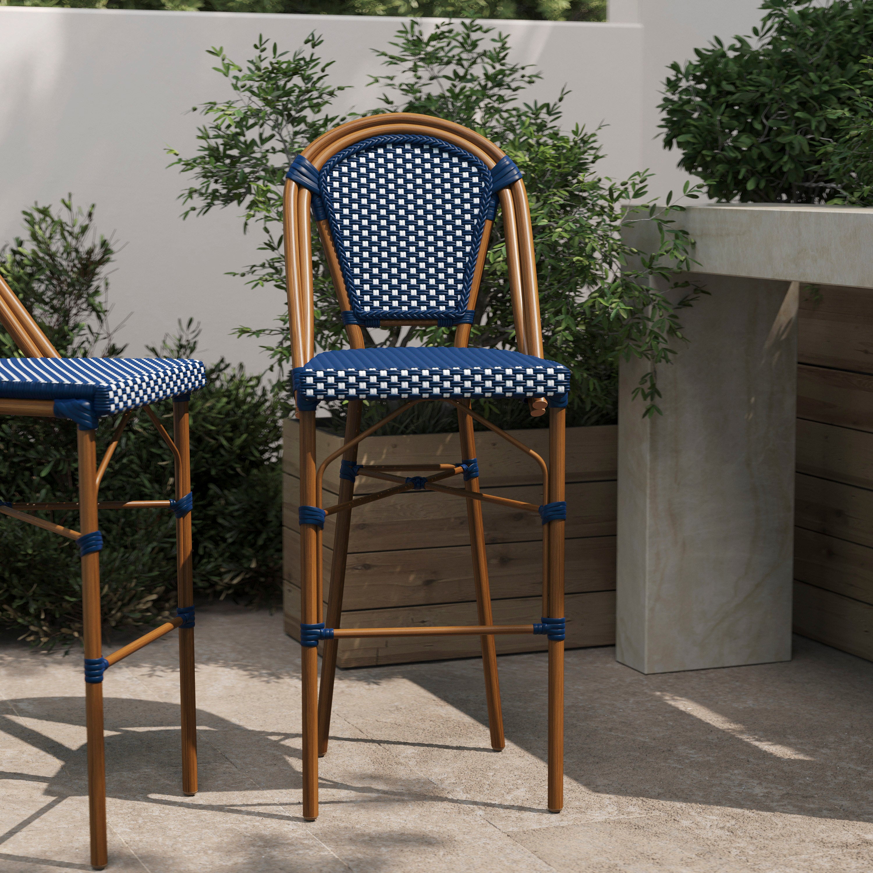 Bordeaux Stackable Indoor/Outdoor Bistro 30" High Barstool, Commercial Grade, Navy/White and Bamboo Finish