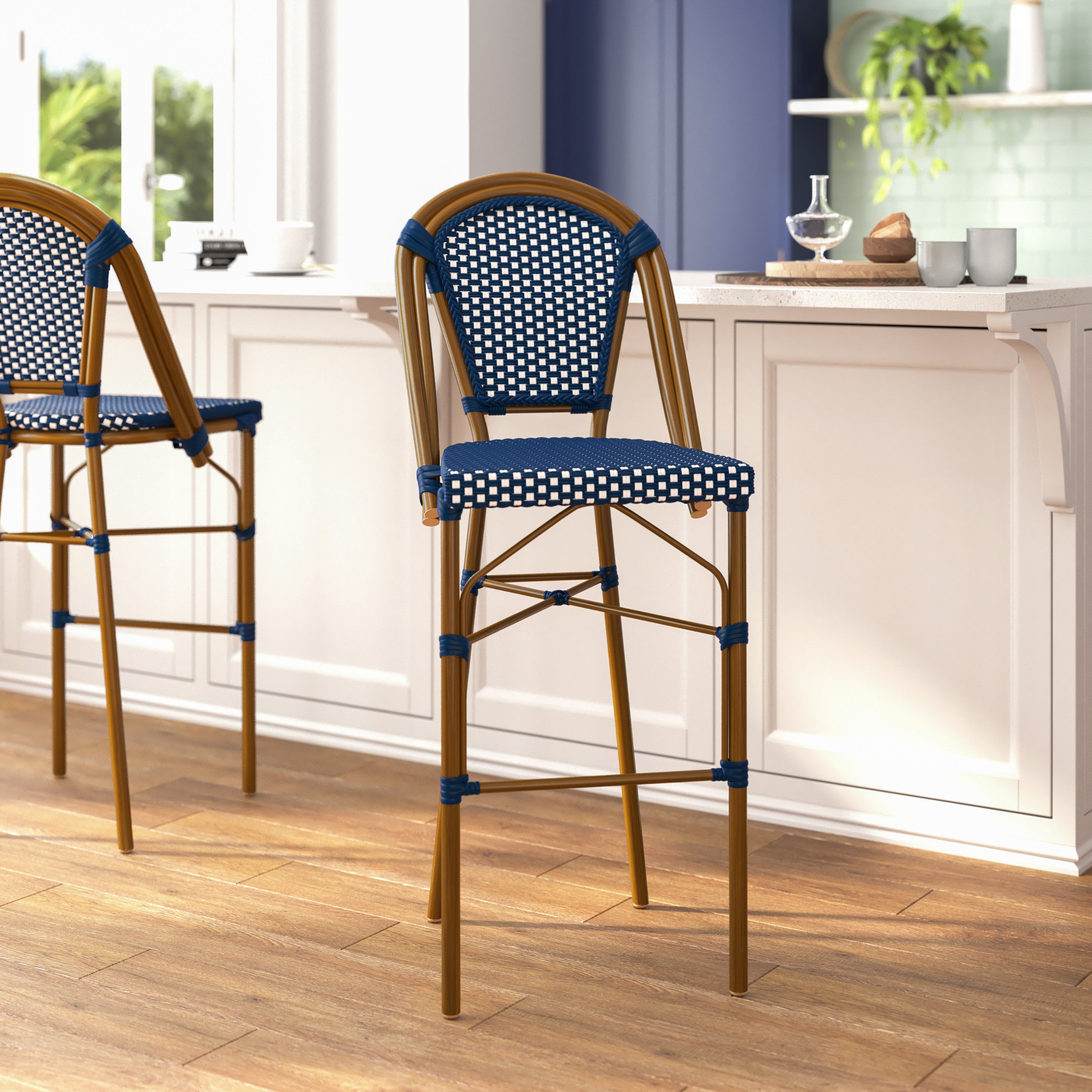 Bordeaux Stackable Indoor/Outdoor Bistro 30" High Barstool, Commercial Grade, Navy/White and Bamboo Finish