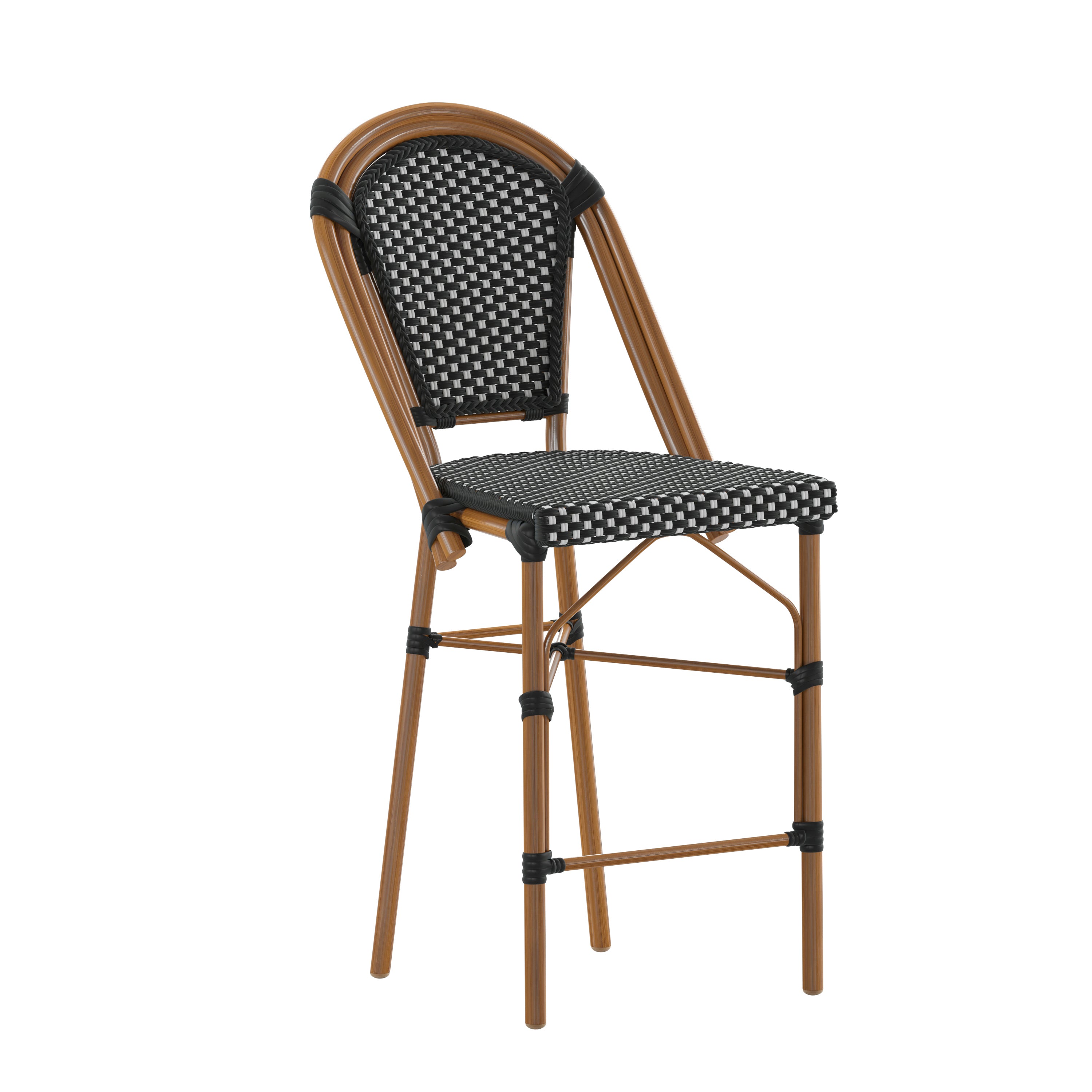 Bordeaux Stackable Indoor/Outdoor Bistro 26" High Counter Height Stool, Commercial Grade, Black/White and Bamboo Finish