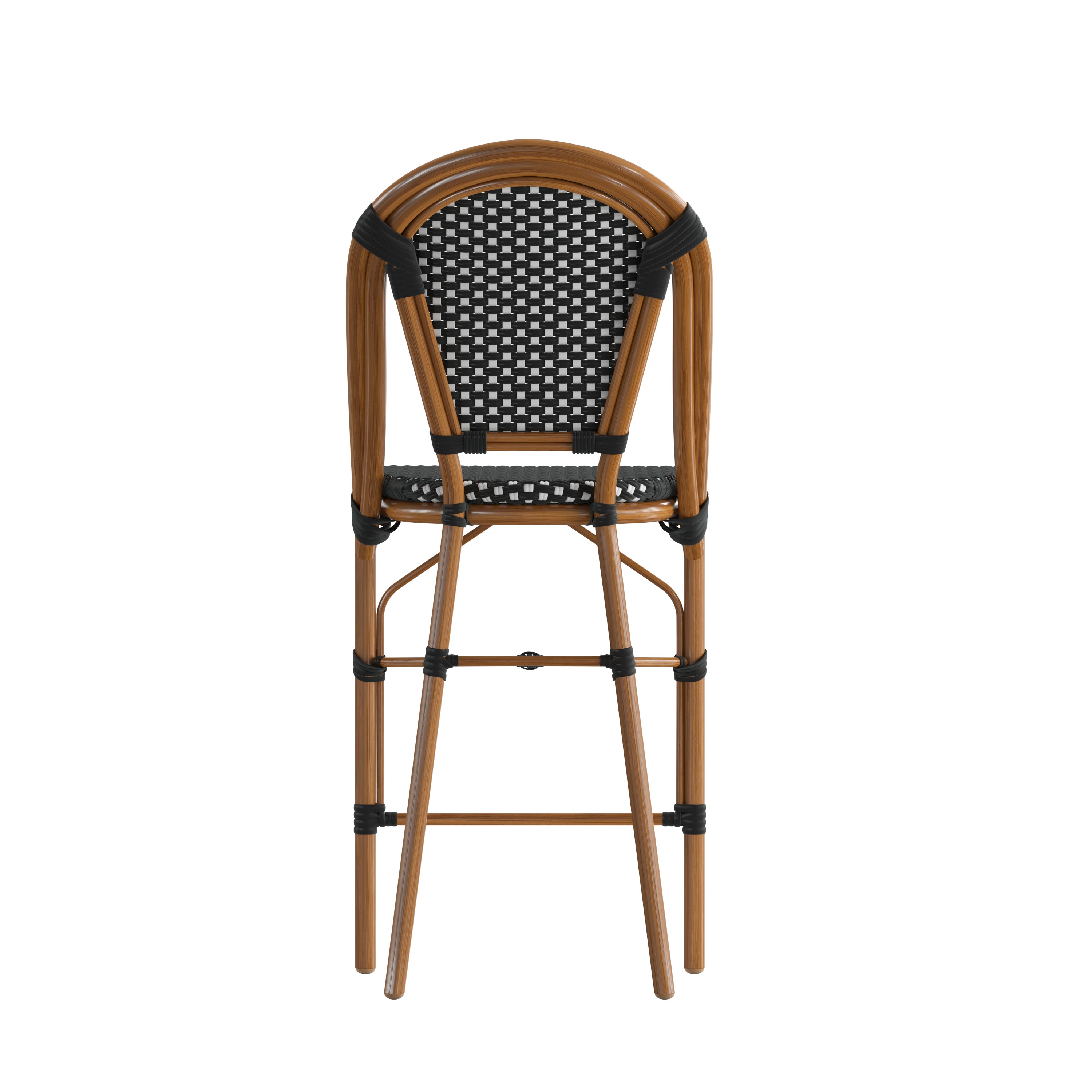 Bordeaux Stackable Indoor/Outdoor Bistro 26" High Counter Height Stool, Commercial Grade, Black/White and Bamboo Finish