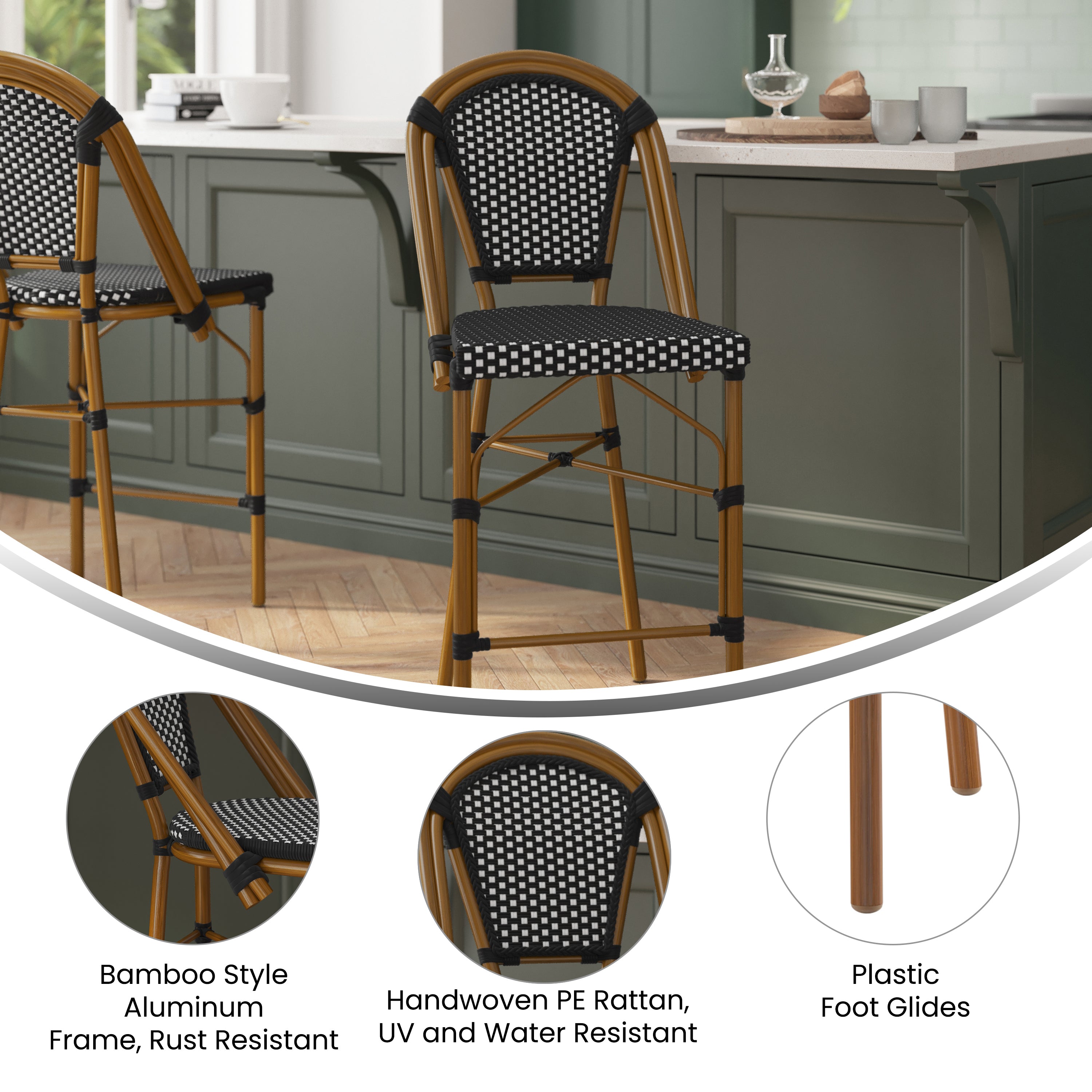 Bordeaux Stackable Indoor/Outdoor Bistro 26" High Counter Height Stool, Commercial Grade, Black/White and Bamboo Finish