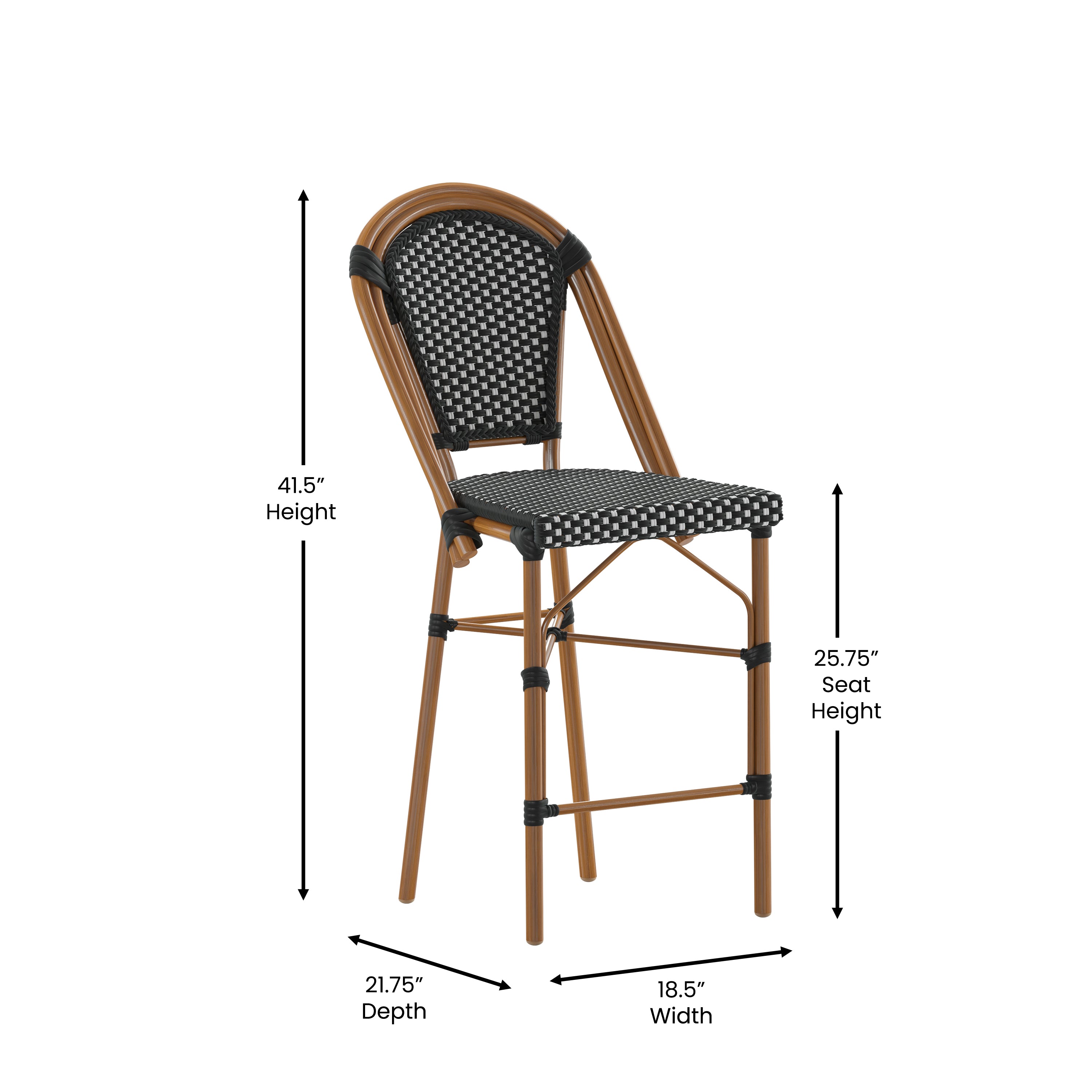 Bordeaux Stackable Indoor/Outdoor Bistro 26" High Counter Height Stool, Commercial Grade, Black/White and Bamboo Finish