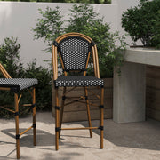 Bordeaux Stackable Indoor/Outdoor Bistro 26" High Counter Height Stool, Commercial Grade, Black/White and Bamboo Finish